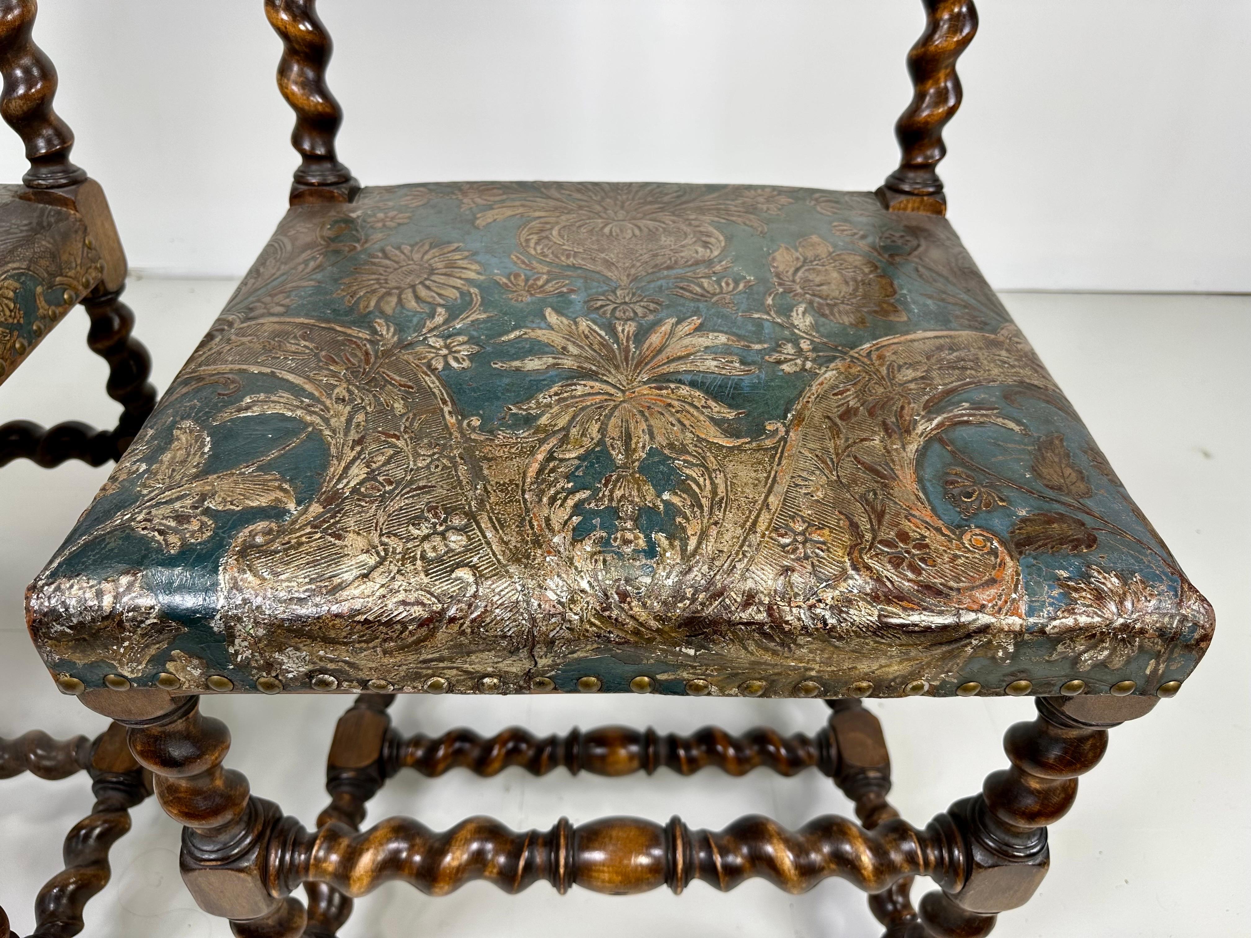 Late 19th Century Set of Six Baroque Style Dining Chairs With Gilt Leather For Sale 3