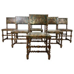Antique Late 19th Century Set of Six Baroque Style Dining Chairs With Gilt Leather