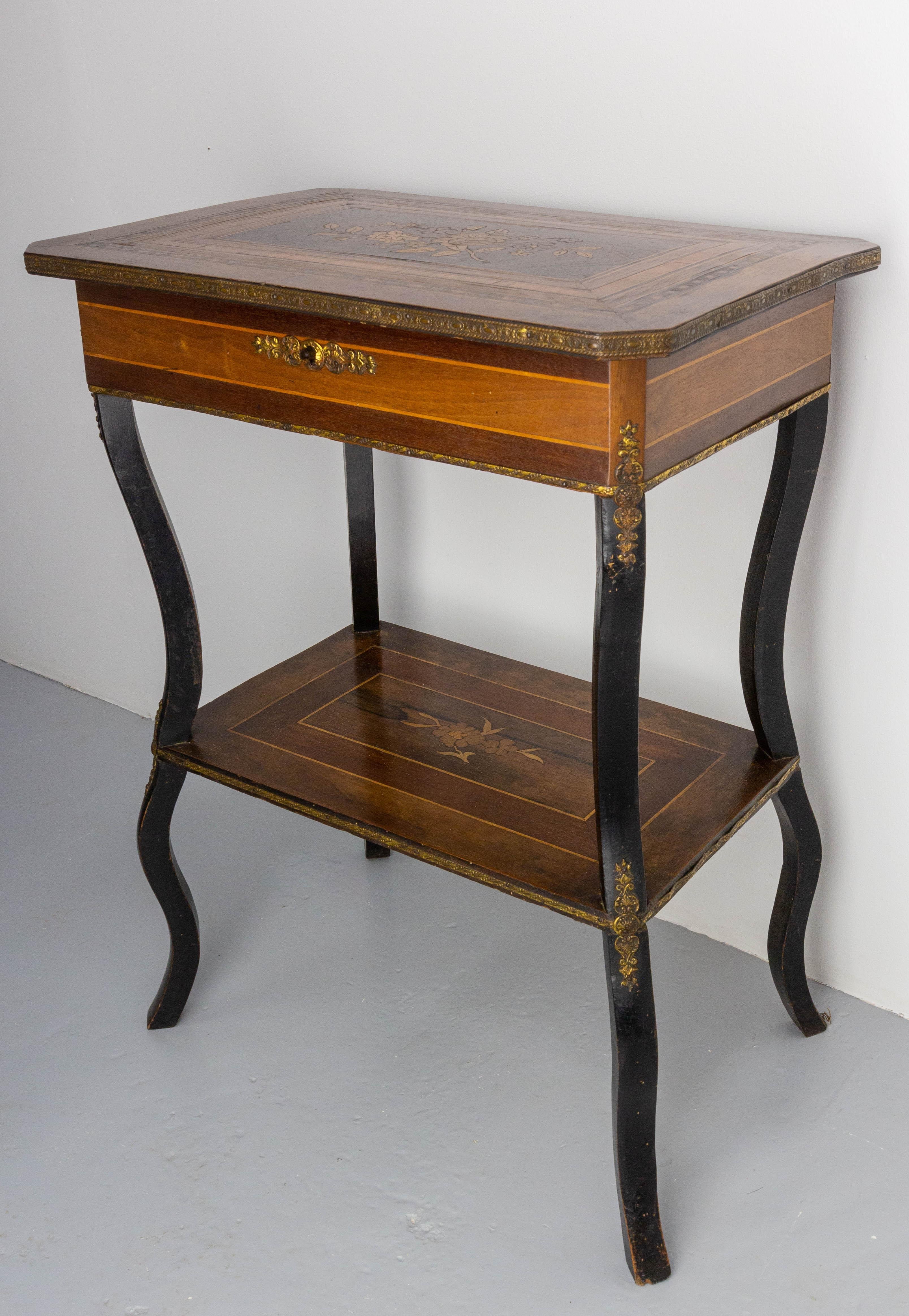 French Late 19th Century Sewing Table Napoleon III Wood Marquetry and Brass, France For Sale