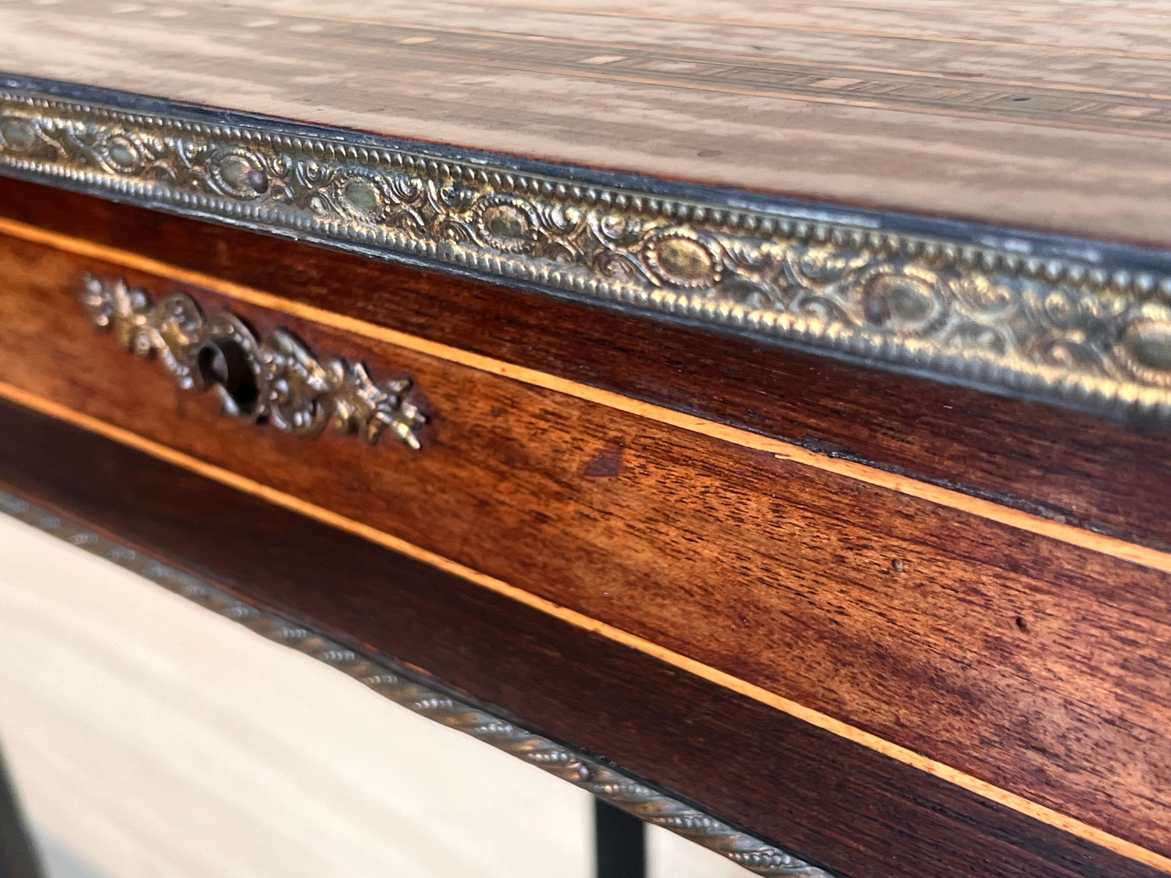 Late 19th Century Sewing Table Napoleon III Wood Marquetry and Brass, France For Sale 4
