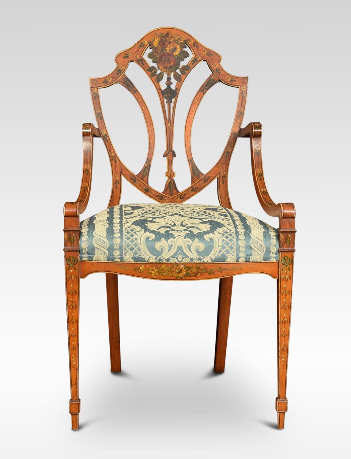 Late 19th century Sheraton Revival satinwood elbow chair, painted overall with flowers and leaves, the shield shaped back with pierced splat, with down swept arms, padded seat all raised up on tapering legs terminating in spade