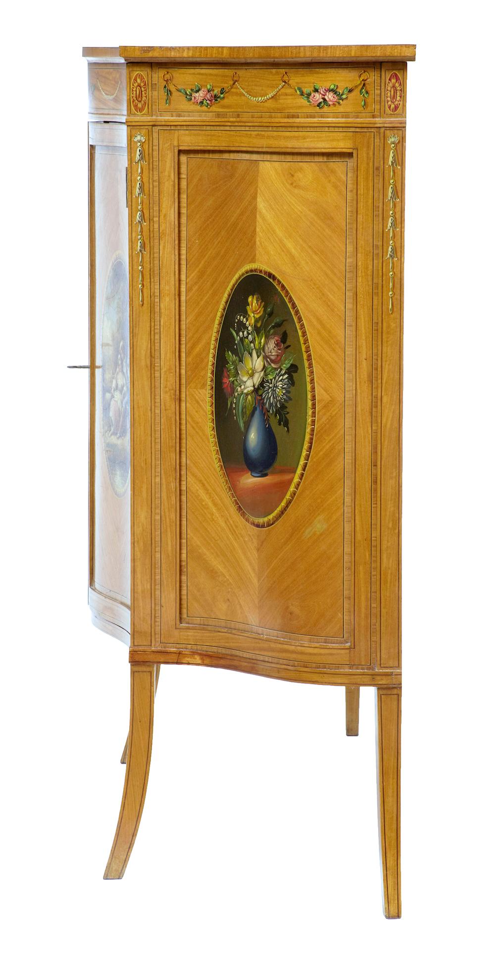English Late 19th Century Sheraton Revival Satinwood Inlaid and Painted Cabinet