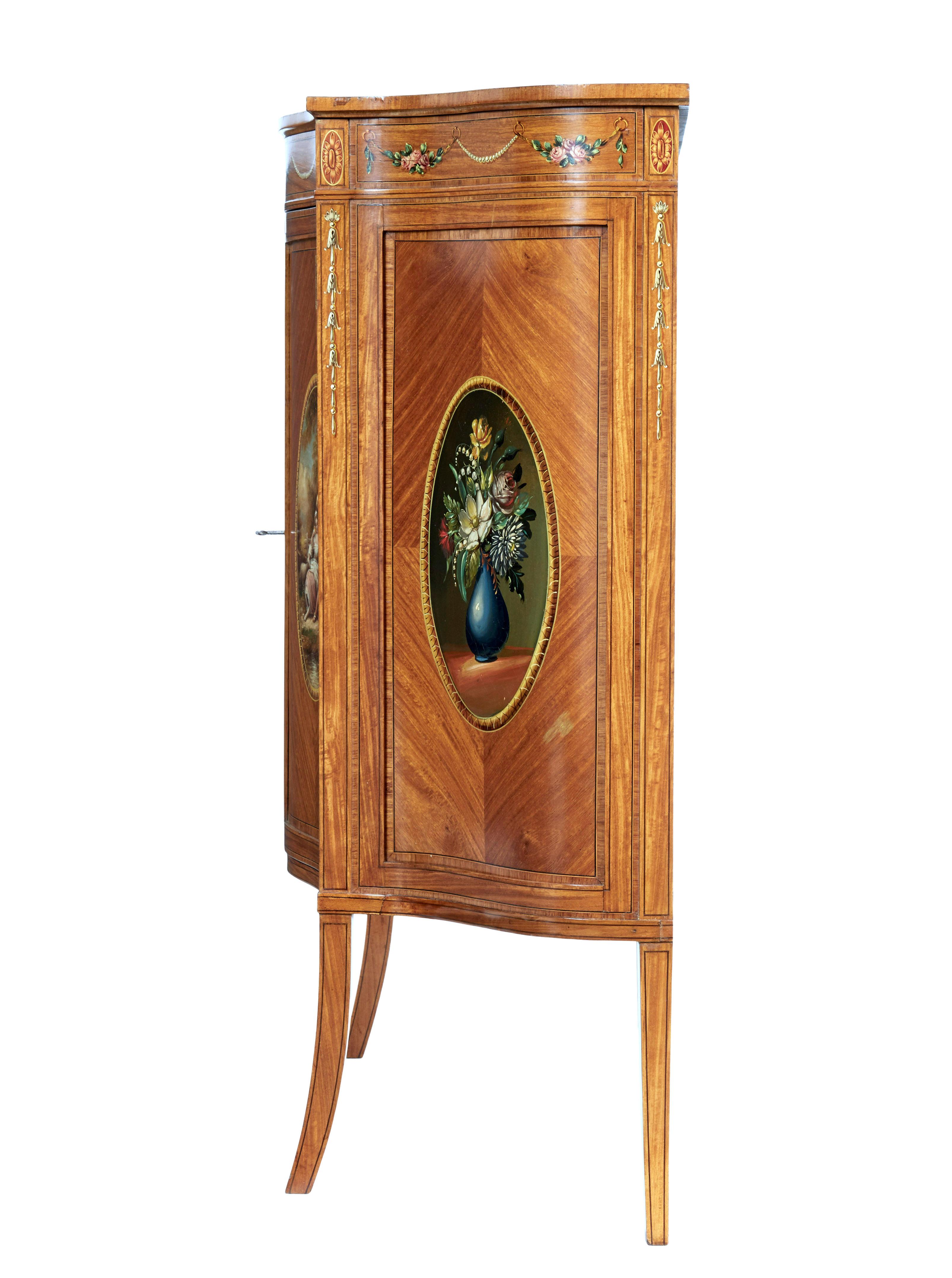 English Late 19th Century Sheraton Revival Satinwood Inlaid and Painted Cabinet For Sale