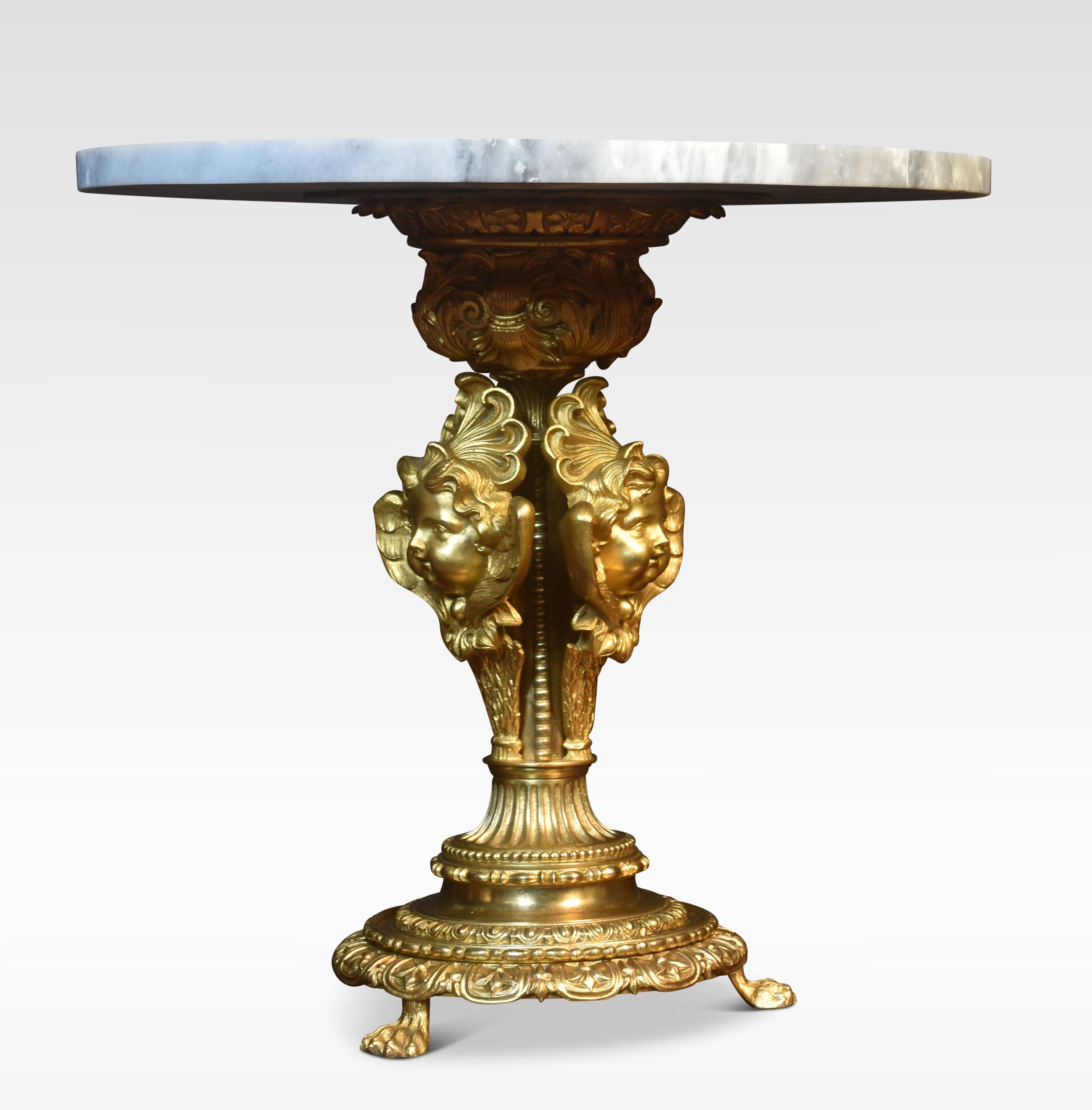 Late 19th century side table, the circular marble top raised on ornate cherub brass stand. All raised on three paw feet.
Dimensions
Height 18.5 Inches
Width 19.5 Inches
Depth 19.5 Inches