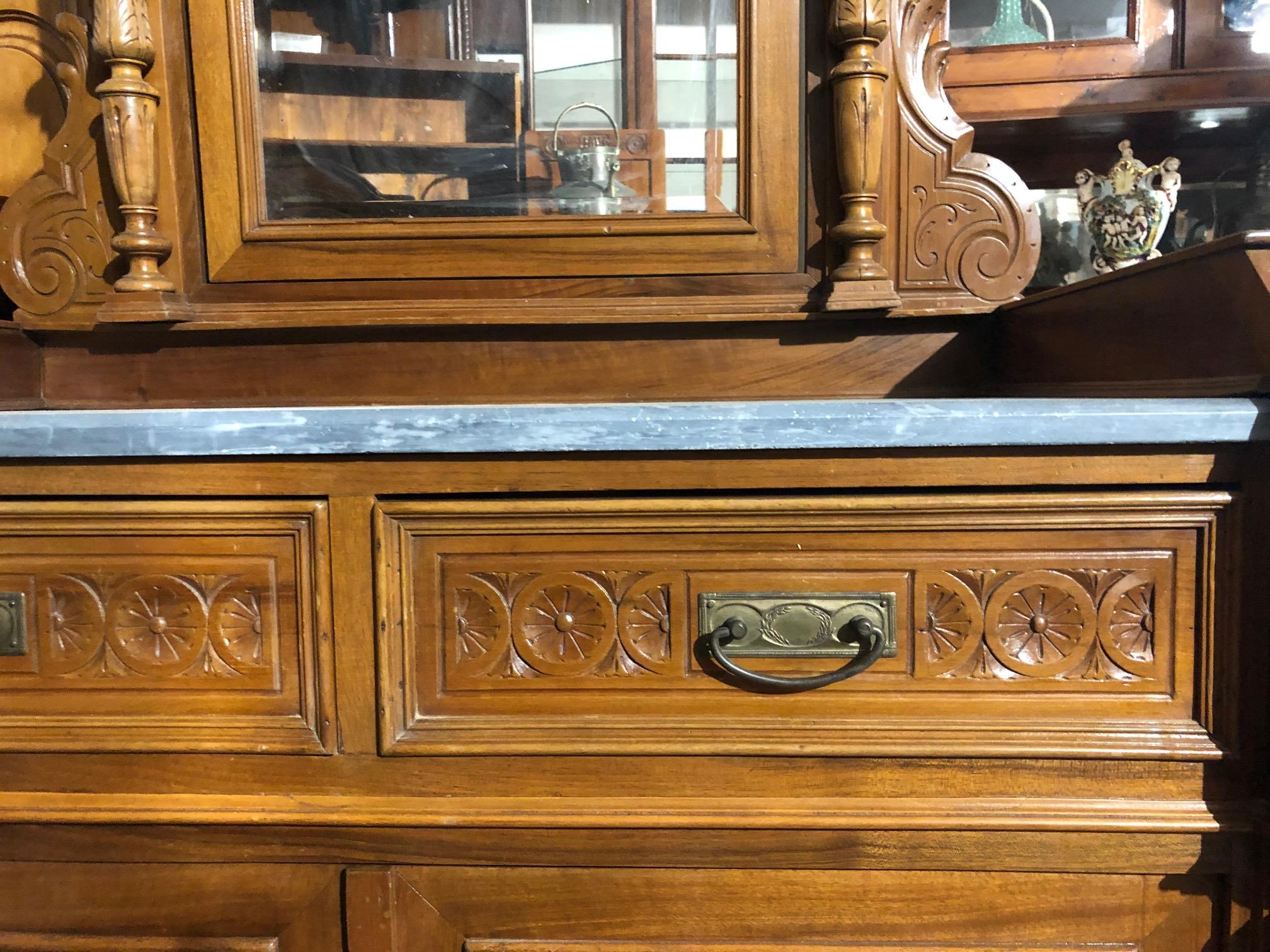 Italian Late 19th Century Sideboard in Carved Walnut Gray Marble For Sale
