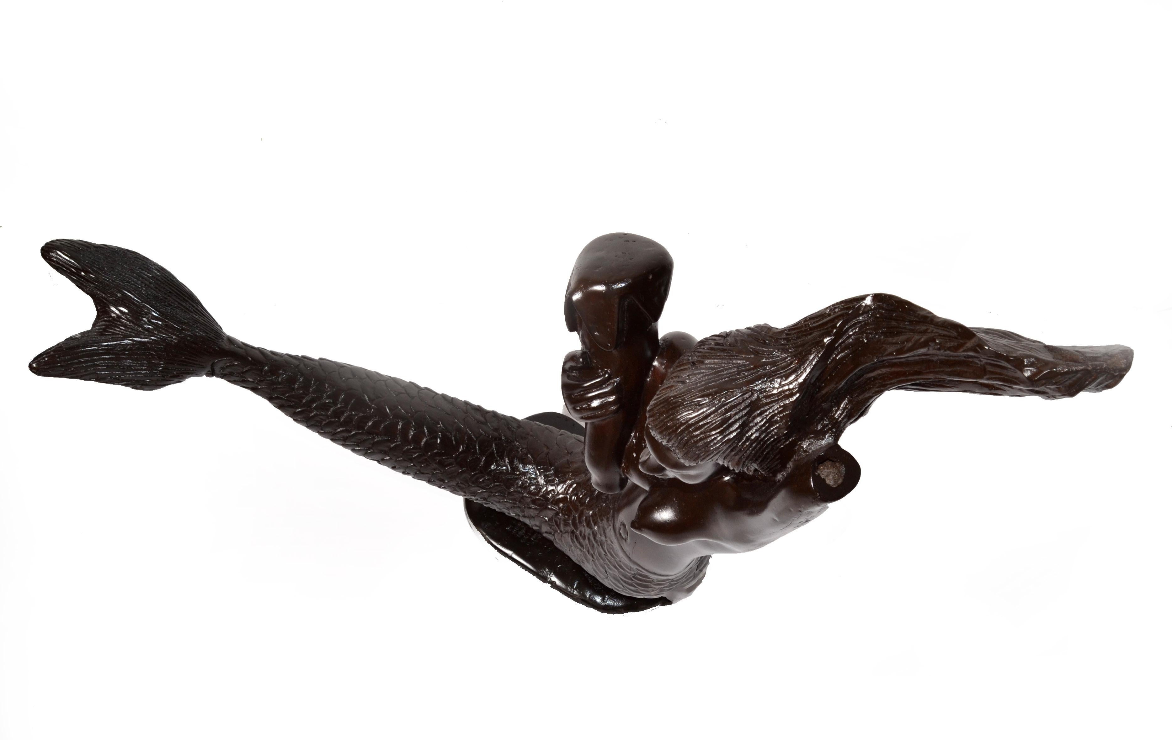 Late 19th Century Signed Mahogany Nautical Hand-Carved Mermaid Sculpture Statue For Sale 5