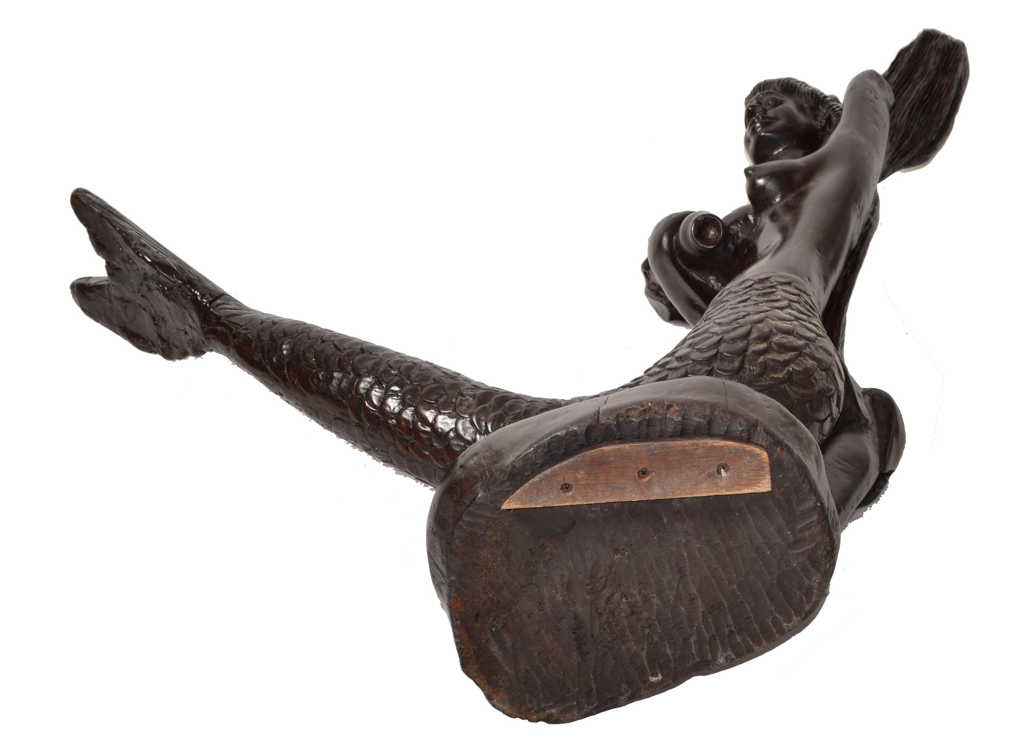 Late 19th Century Signed Mahogany Nautical Hand-Carved Mermaid Sculpture Statue For Sale 6