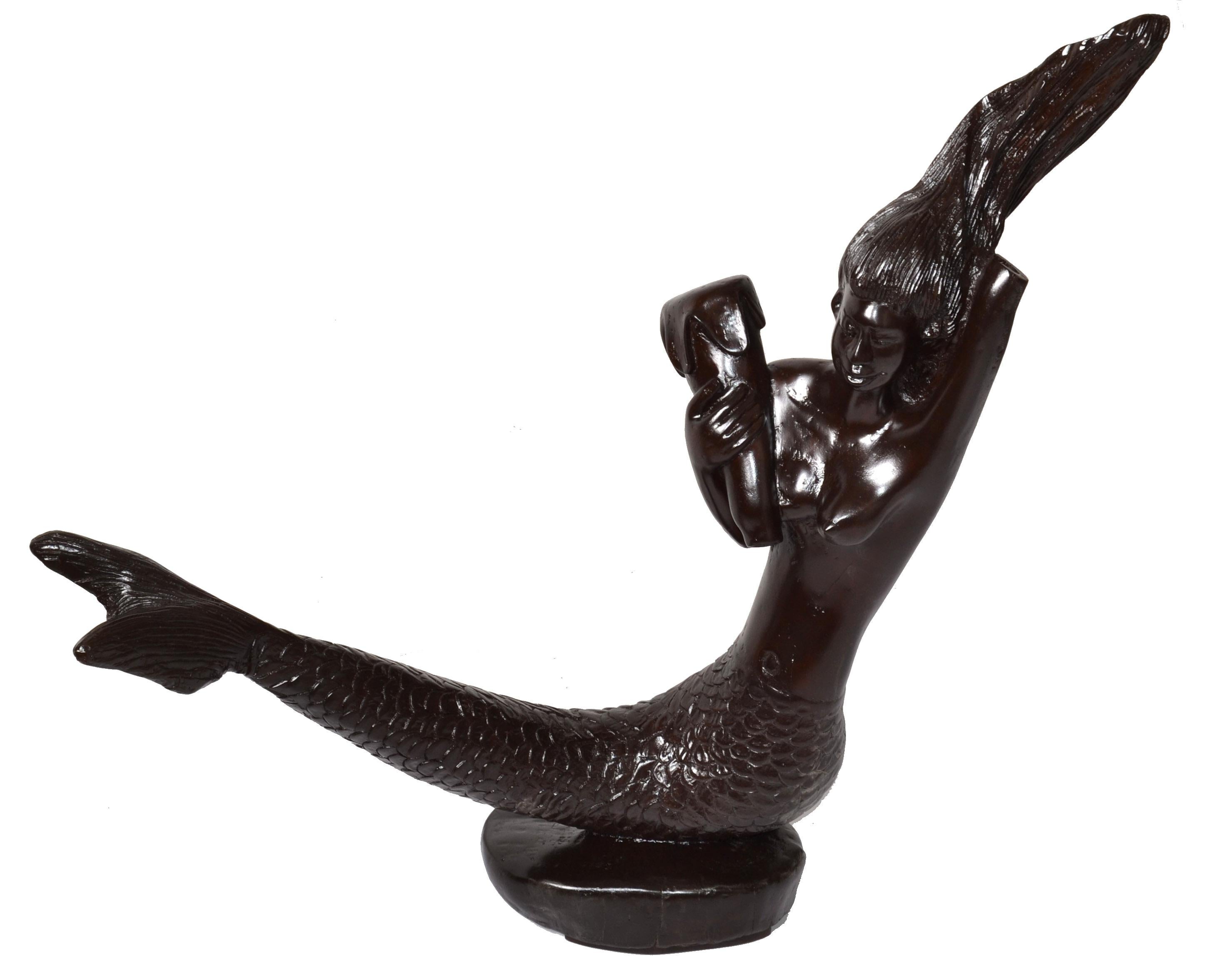 Spanish Colonial Late 19th Century Signed Mahogany Nautical Hand-Carved Mermaid Sculpture Statue For Sale