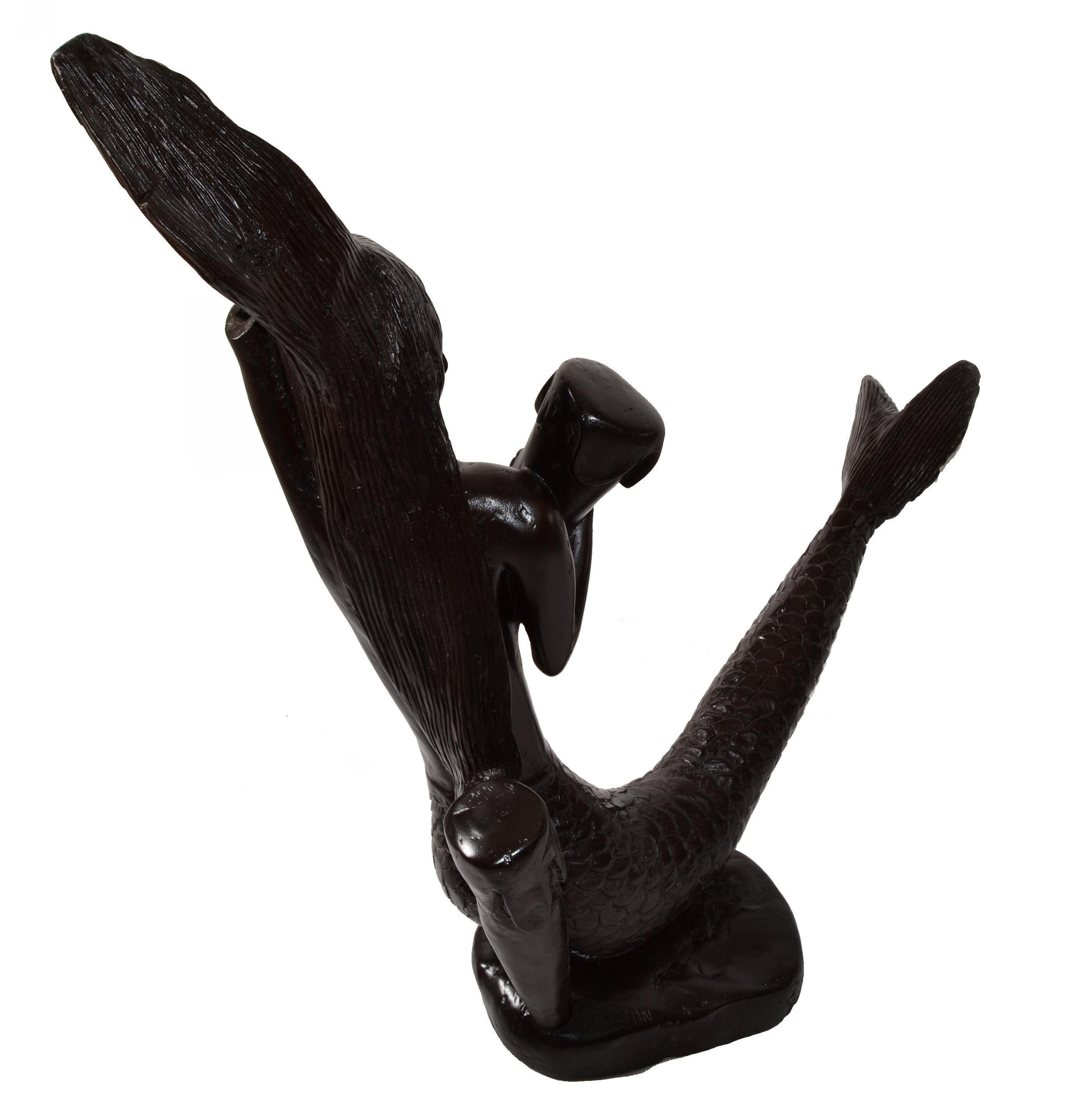 American Late 19th Century Signed Mahogany Nautical Hand-Carved Mermaid Sculpture Statue For Sale