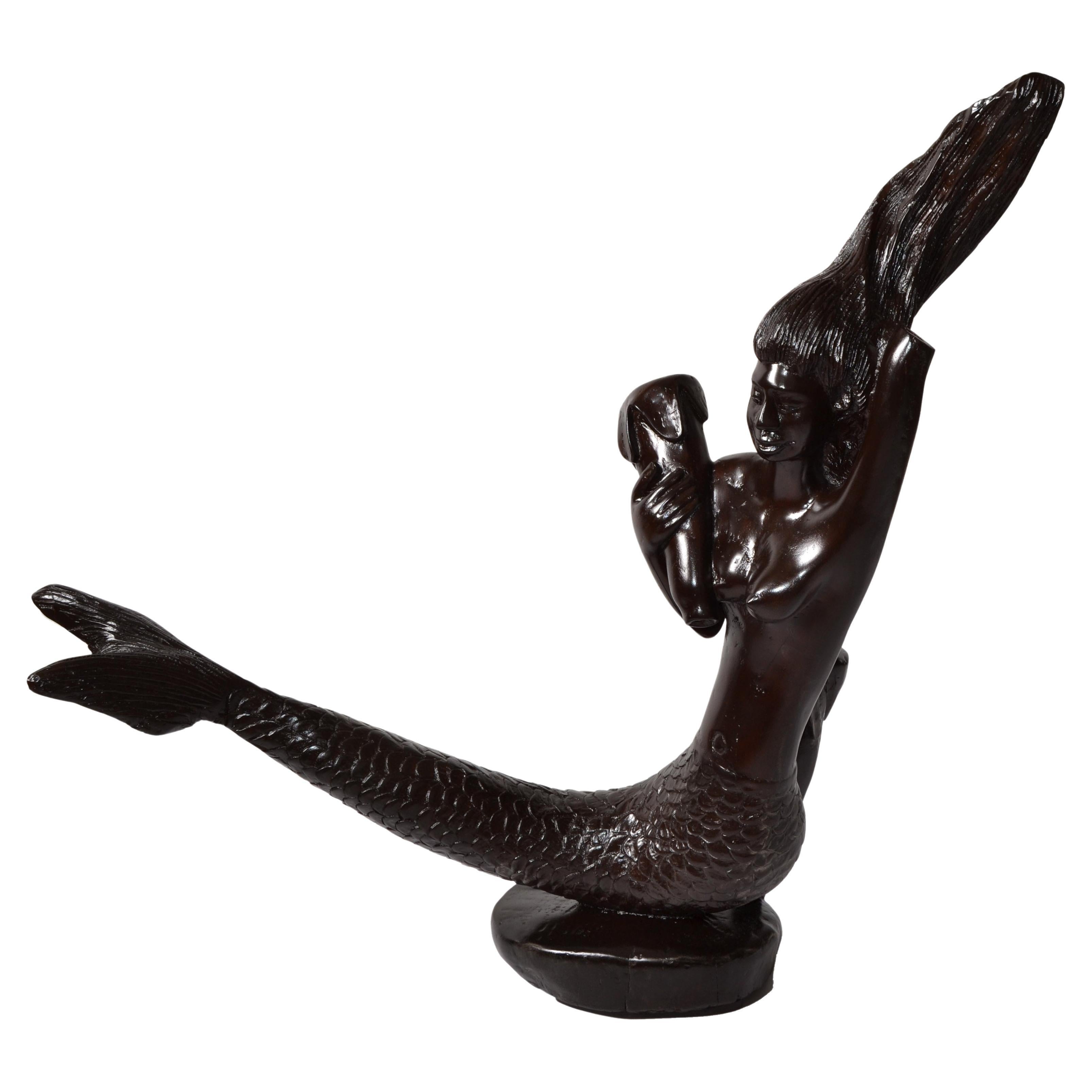Late 19th Century Signed Mahogany Nautical Hand-Carved Mermaid Sculpture Statue For Sale