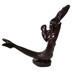 Antique Late 19th Century Signed Mahogany Nautical Hand-Carved Mermaid Sculpture Statue