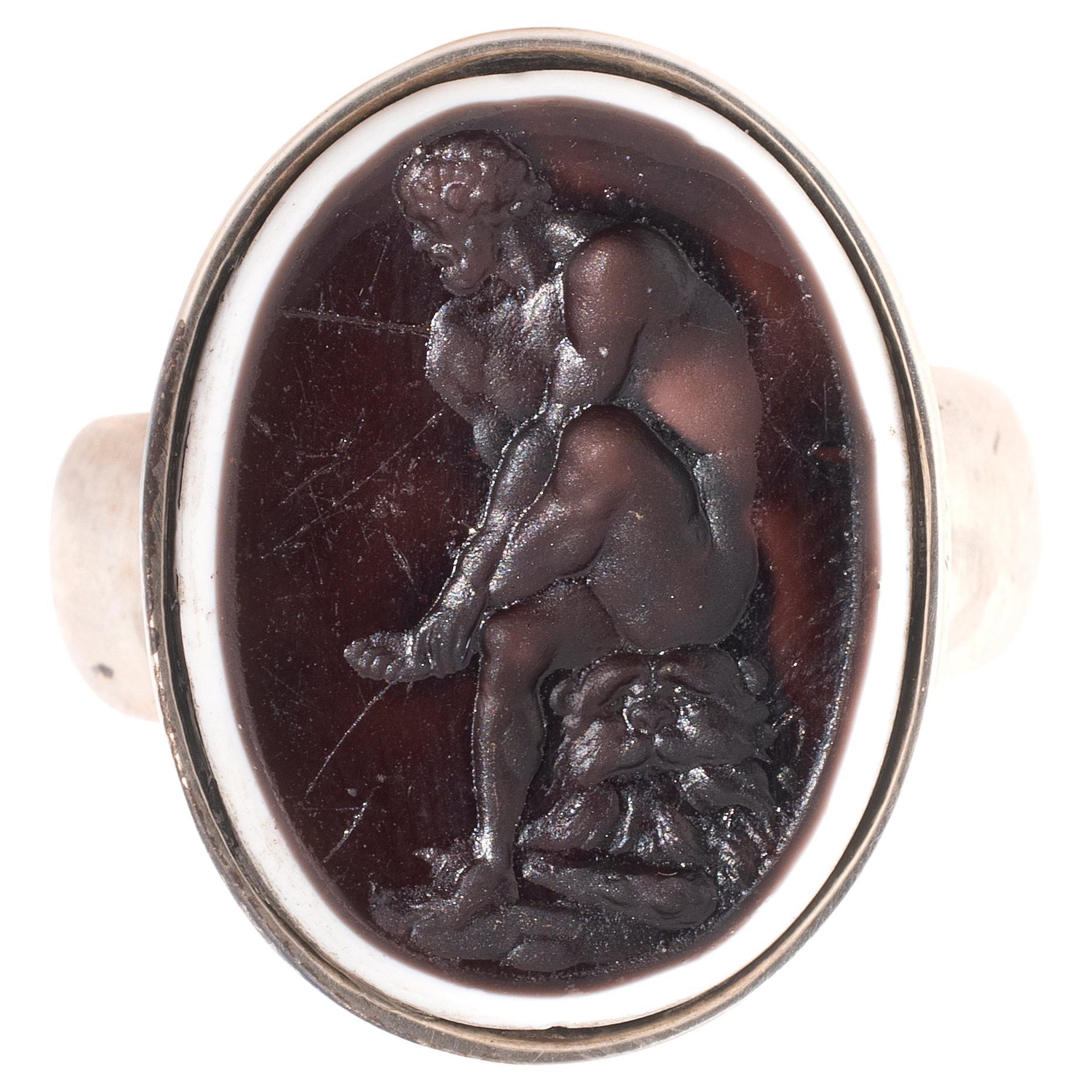 Late 19th Century Silver and Two Colour Vitreous  Hercules Intaglio Men's Ring
