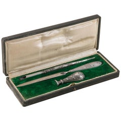 Late 19th Century Silver Desk Set, Letter Opener, Fountain Pen, Letter Seal