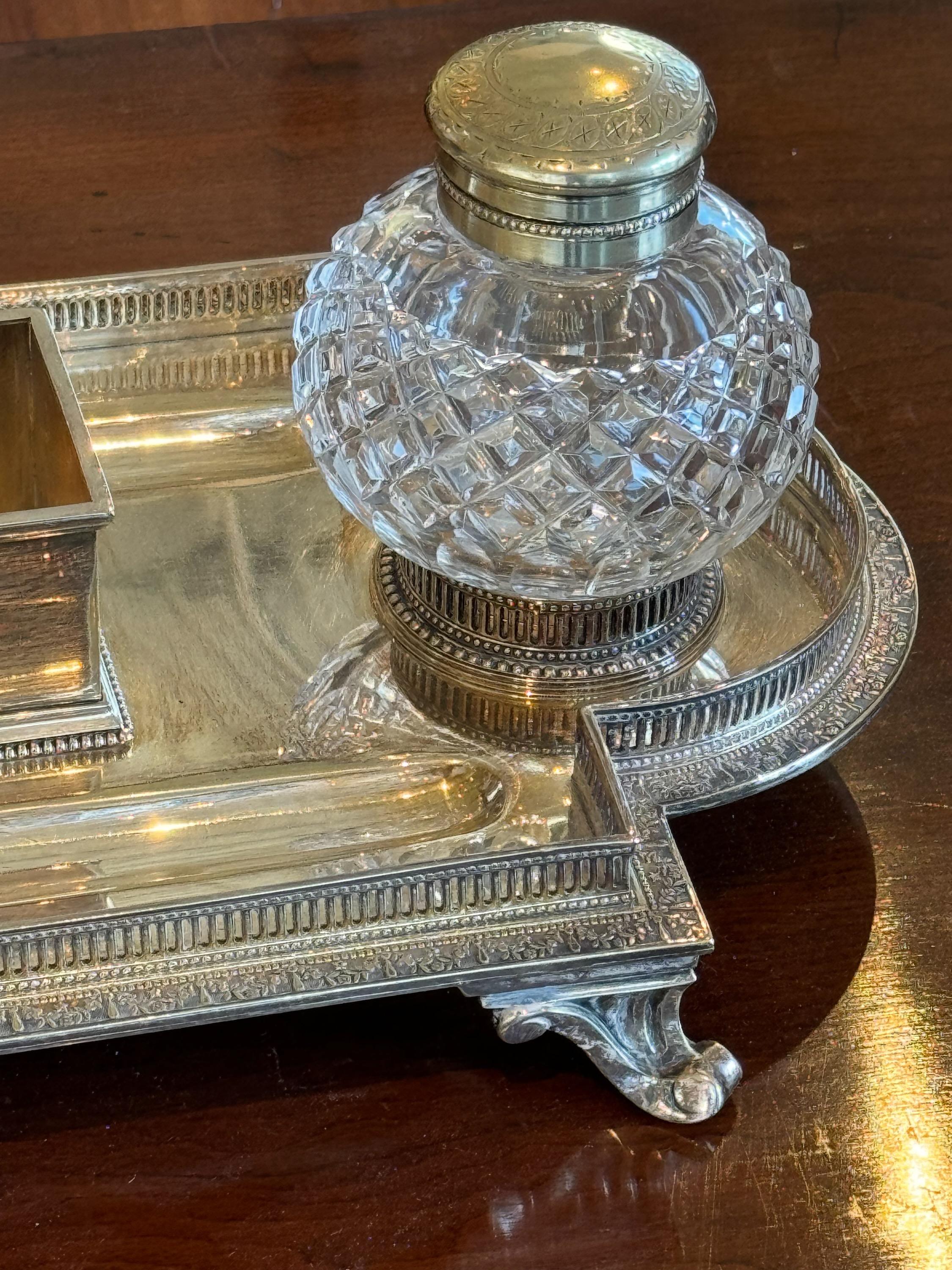 A beautiful desk set, silver plate and crystal.