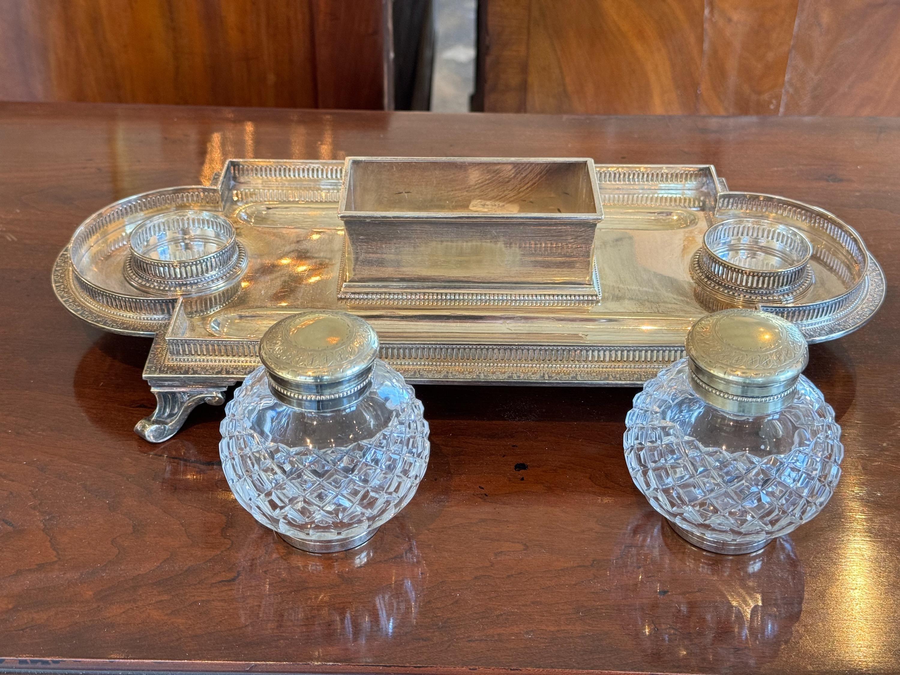 Silver Plate Late 19th Century Silver Desk Set Tray For Sale