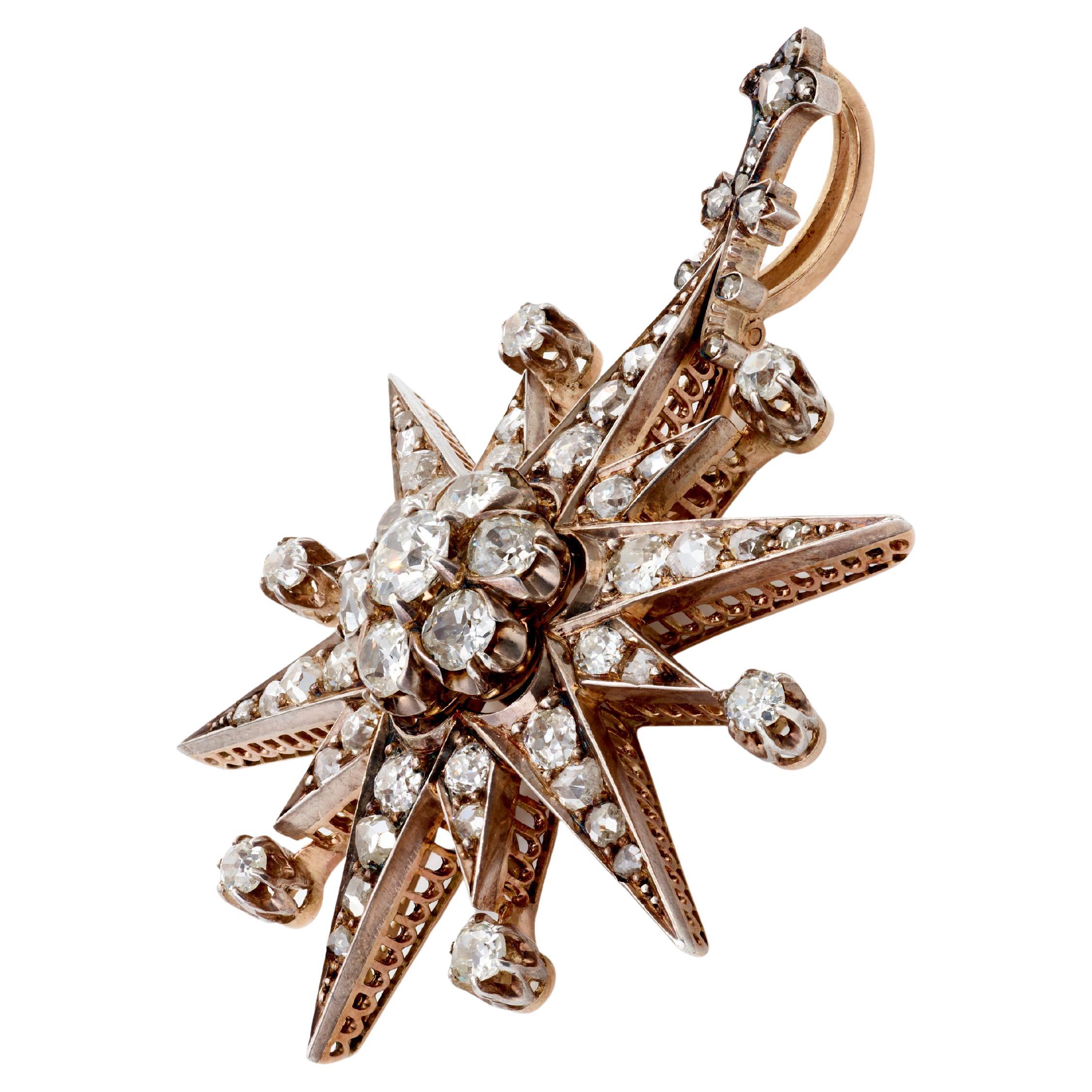 Ende des 19. Jahrhunderts Silber Gold und Altschliff Diamant Stern Anhänger im Zustand „Gut“ im Angebot in Firenze, IT