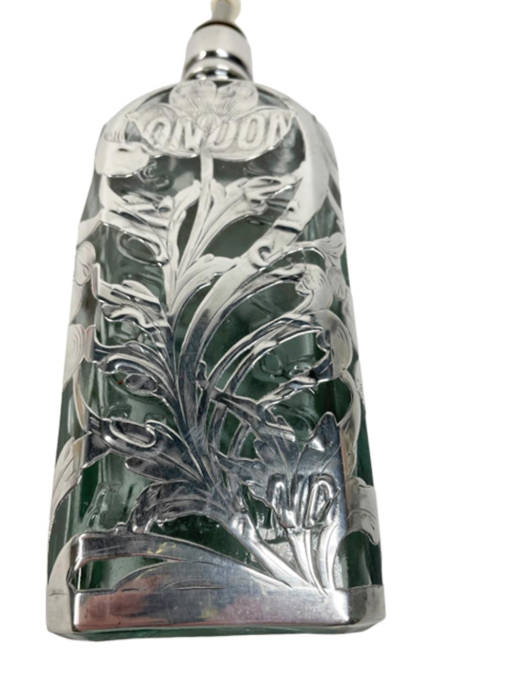 Art Nouveau Late 19th Century Silver Overlay Gordon's Dry Gin Bottle - Sterling Poppies For Sale
