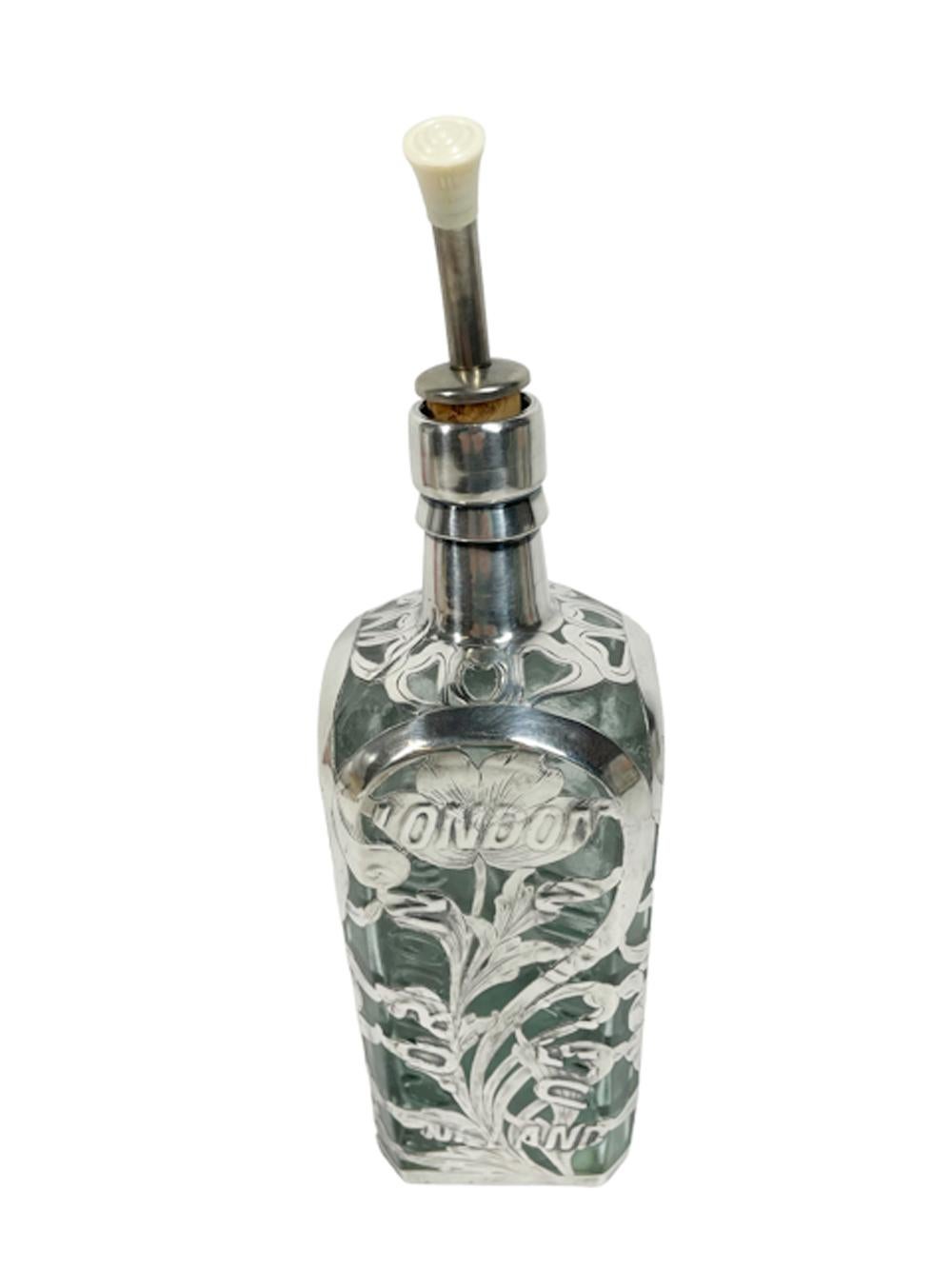 Sterling Silver Late 19th Century Silver Overlay Gordon's Dry Gin Bottle - Sterling Poppies For Sale