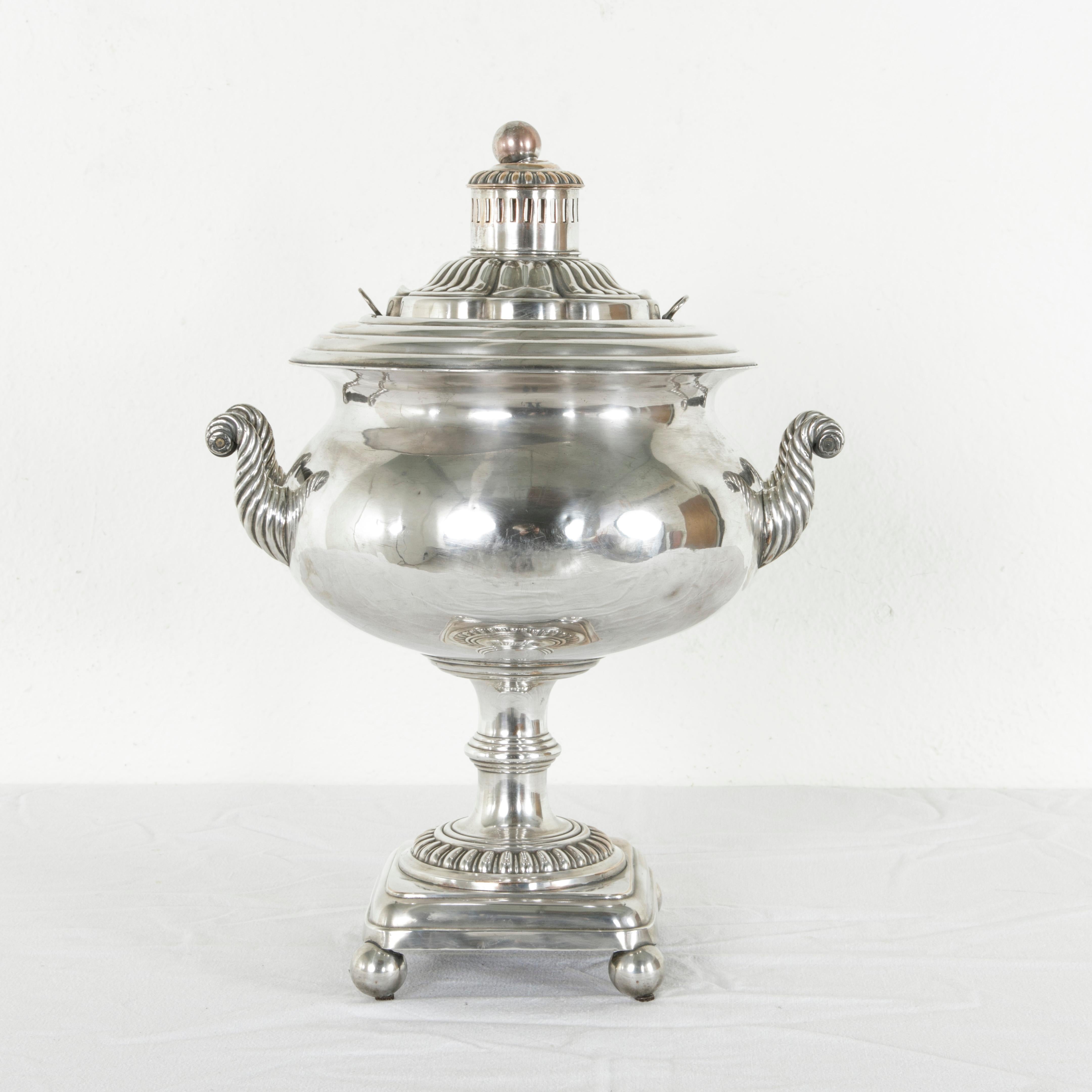 French Late 19th Century Silver Samovar or Tea Urn with Lid and Ebonized Handles