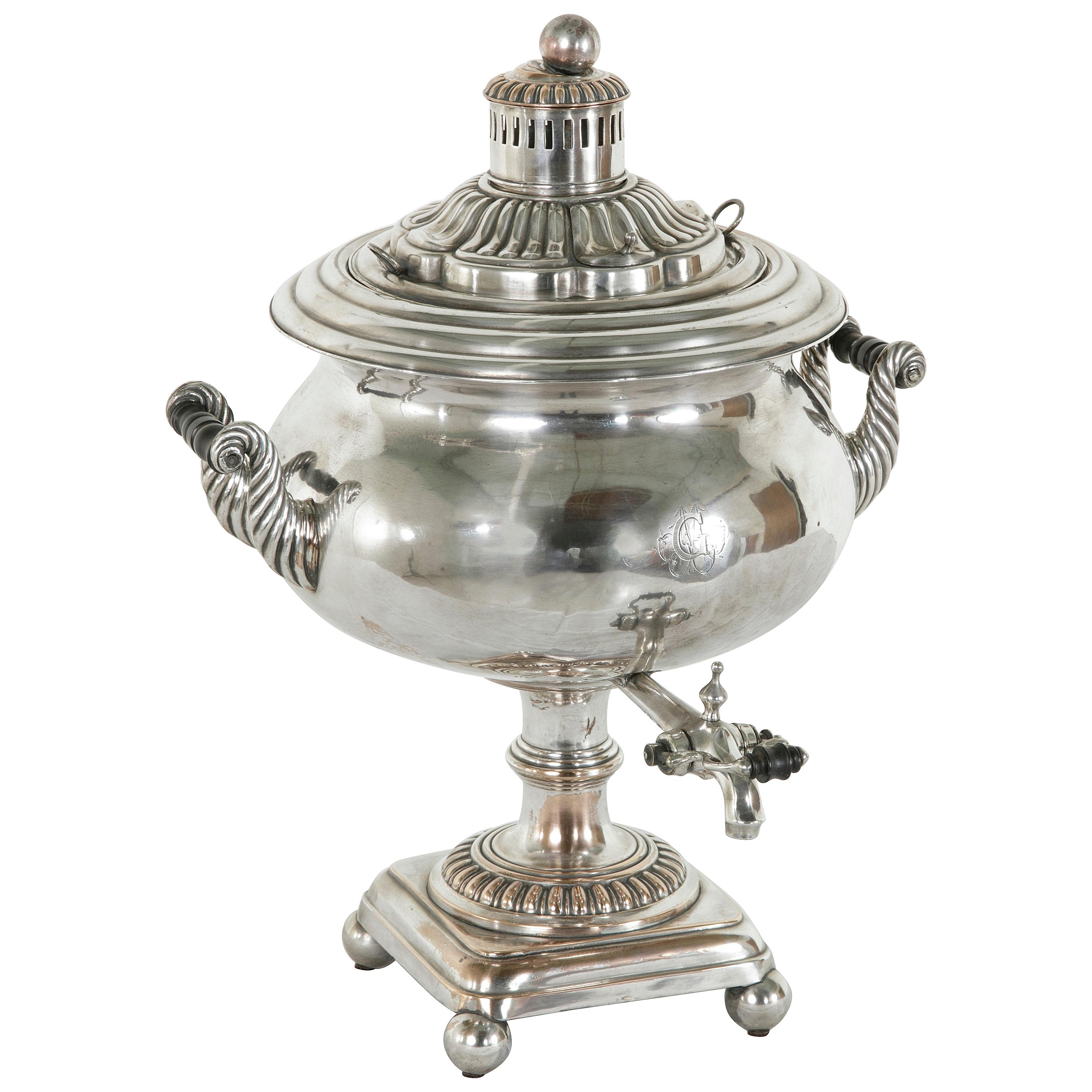 Late 19th Century Silver Samovar or Tea Urn with Lid and Ebonized Handles