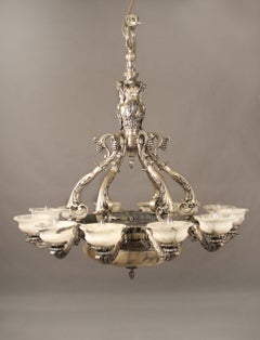 Late 19th Century Silvered Bronze and Alabaster Sixteen-Light Chandelier