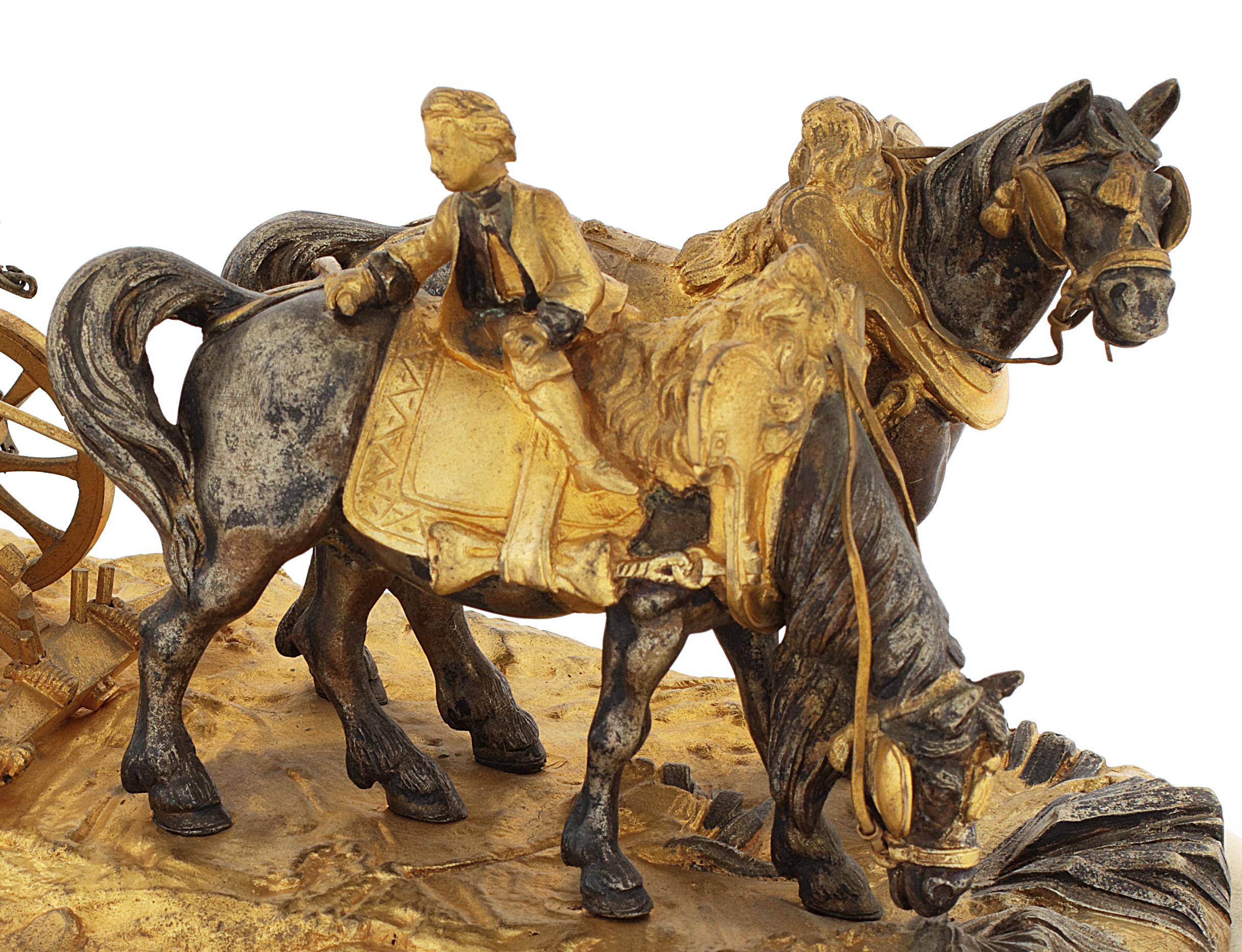 Russian Late 19th Century Silvered & Gilt Bronze of Plough Horses and Plough