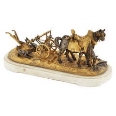 Antique Late 19th Century Silvered & Gilt Bronze of Plough Horses and Plough