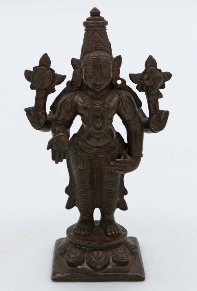 Late 19th century small bronze statue of Vishnu, chiseled with great detail on a fine casting, lost wax process. 2 1/2