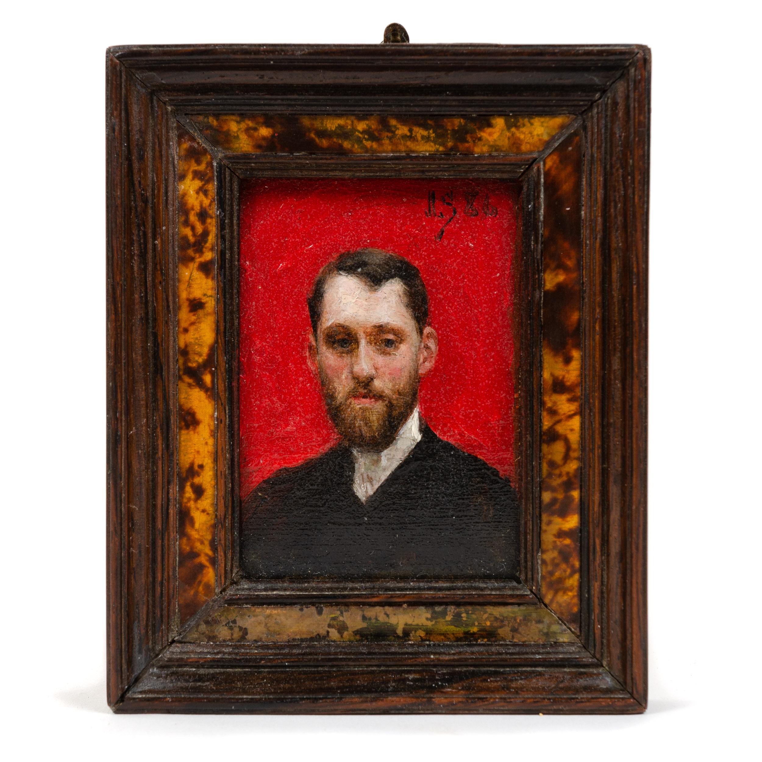A self-portrait, 'The Parisian from Philadelphia,' in decorative frame. Signed and dated JLS 86.

  