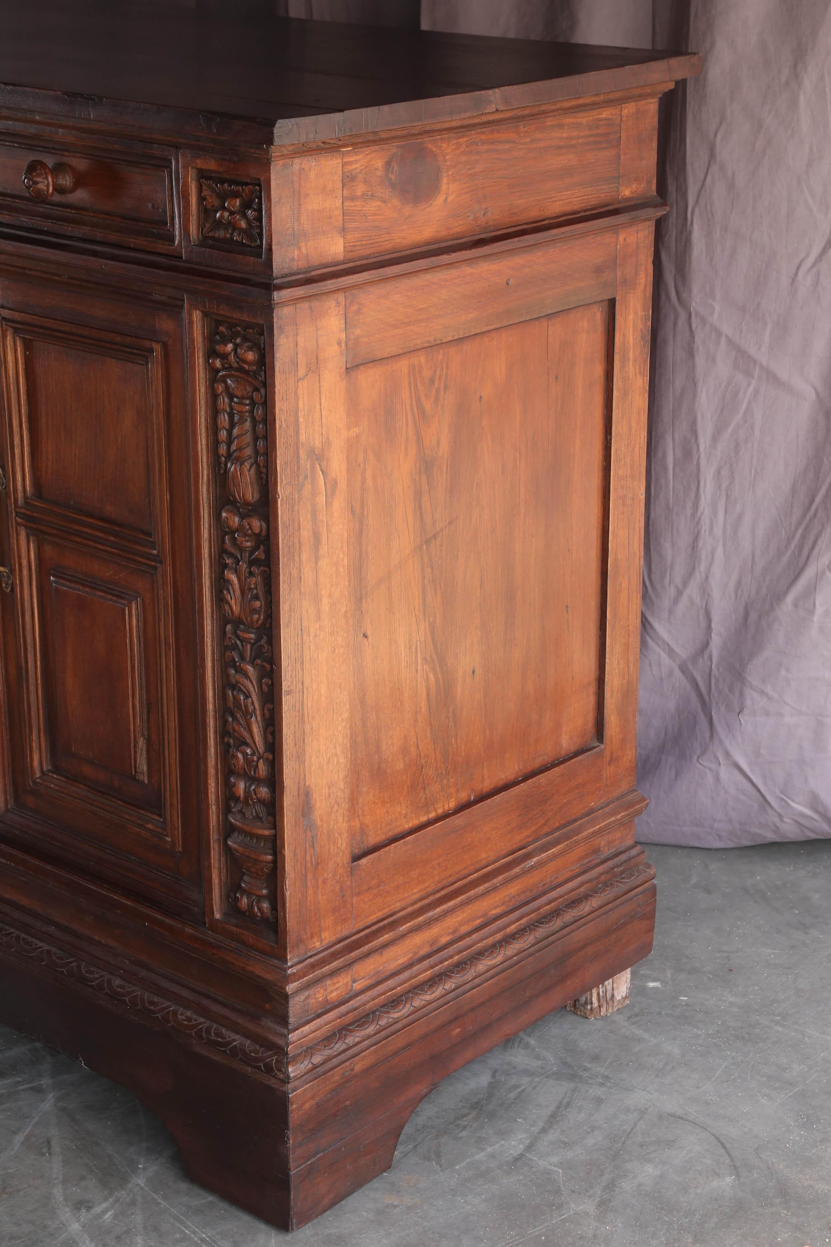 Late 19th Century Solid Teak Wood Superbly Handcrafted French Colonial Buffet In Excellent Condition For Sale In Houston, TX