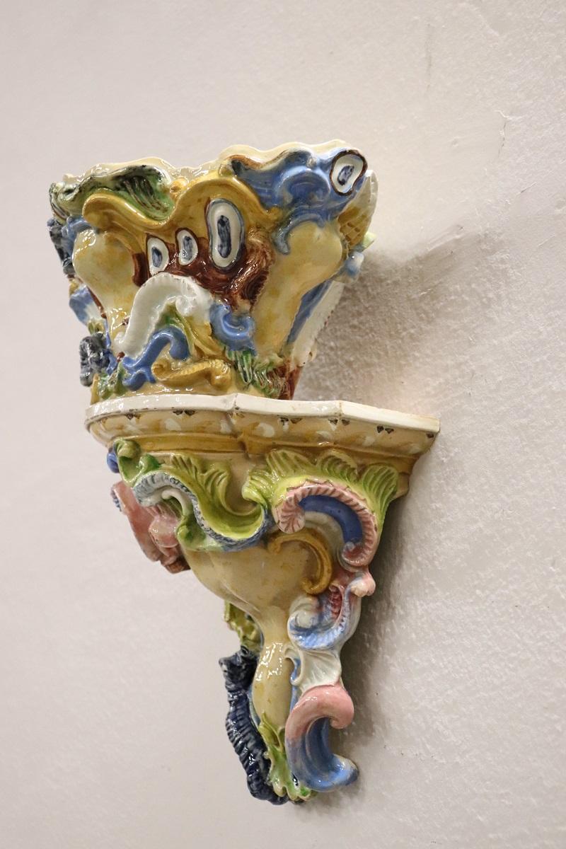 Late 19th Century South Italian Antique Majolica Two Shelves with Vase For Sale 5