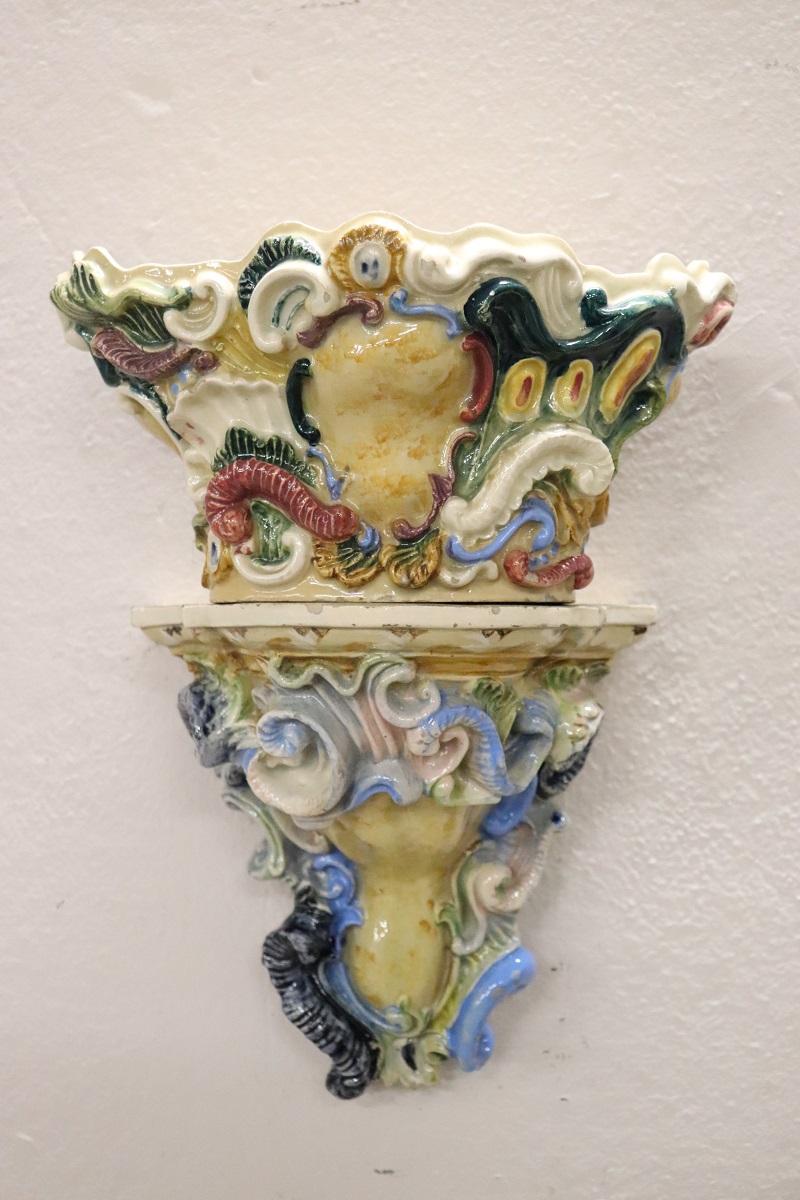 Maiolica Late 19th Century South Italian Antique Majolica Two Shelves with Vase For Sale