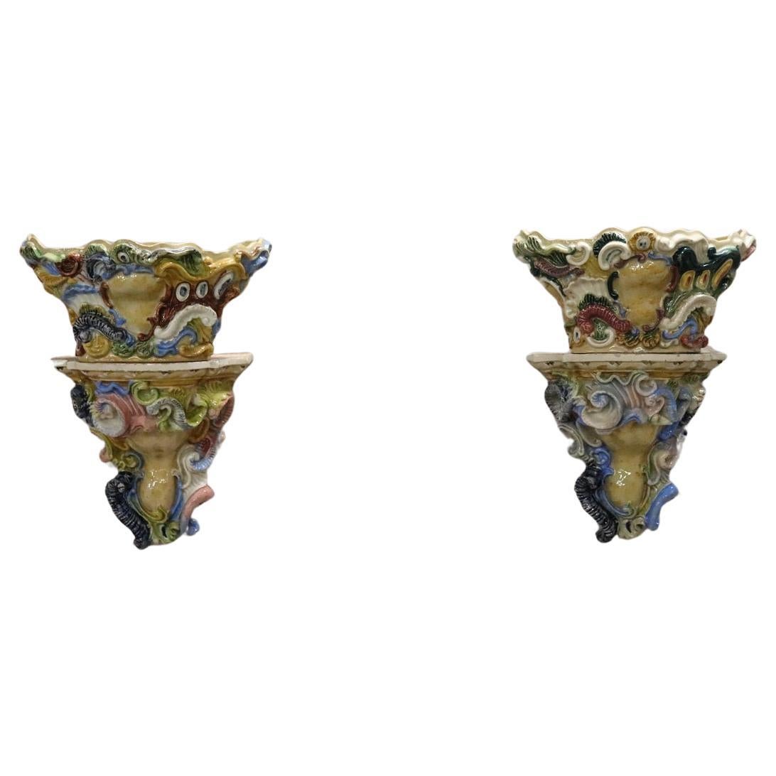 Late 19th Century South Italian Antique Majolica Two Shelves with Vase For Sale