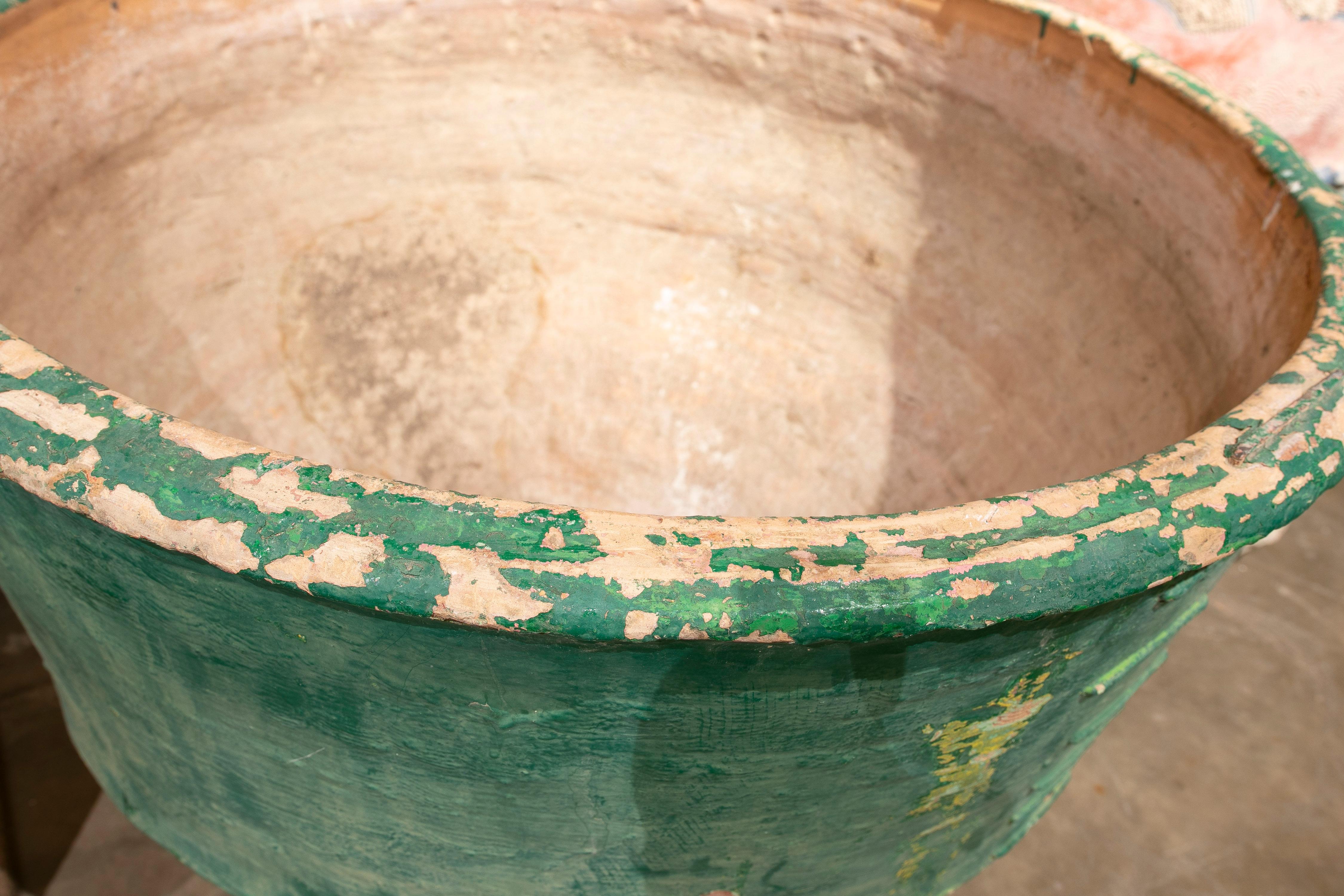 Late-19th Century Spanish Green Terracotta Vase Urn Restored w/ Staples 6