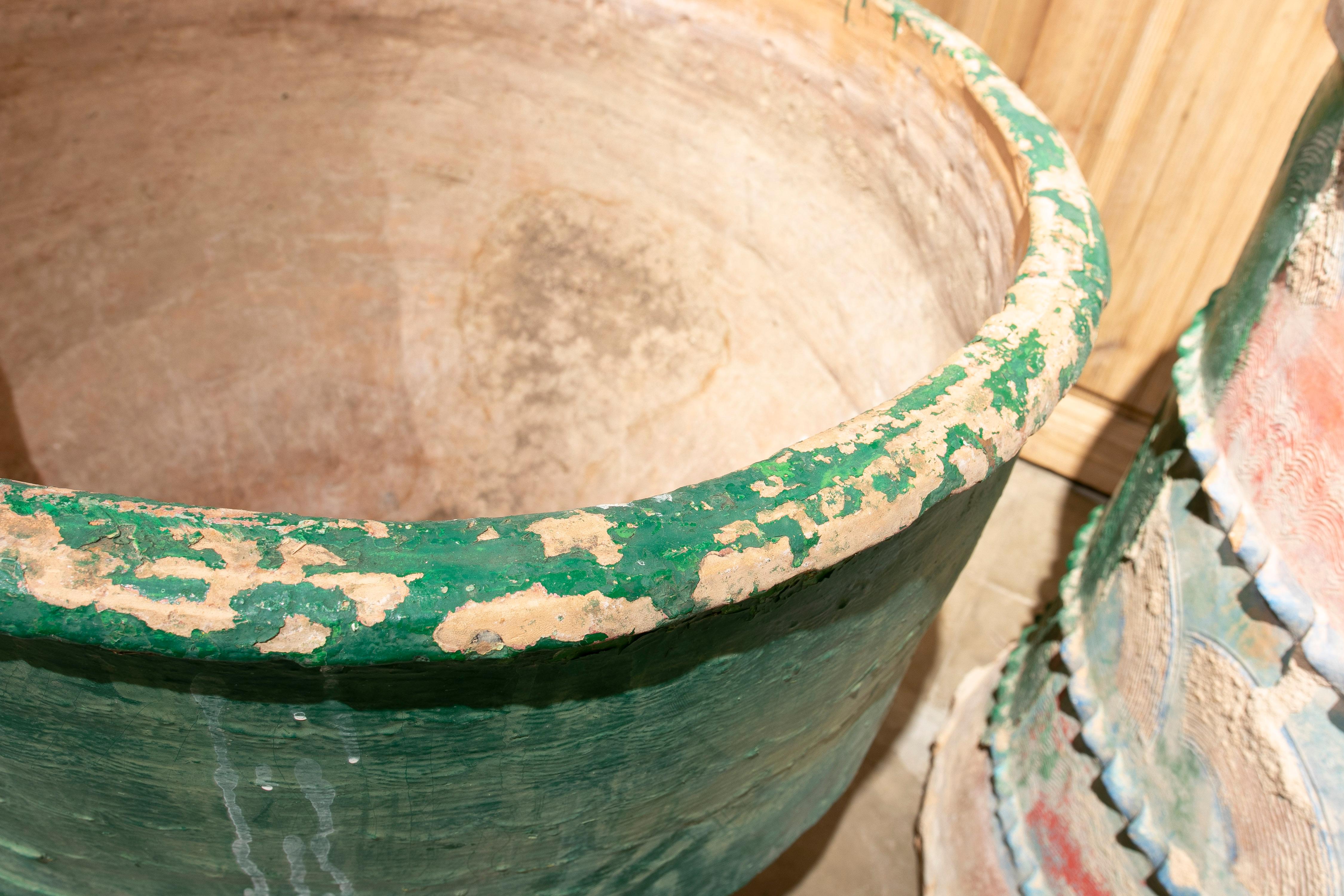 Late-19th Century Spanish Green Terracotta Vase Urn Restored w/ Staples 7