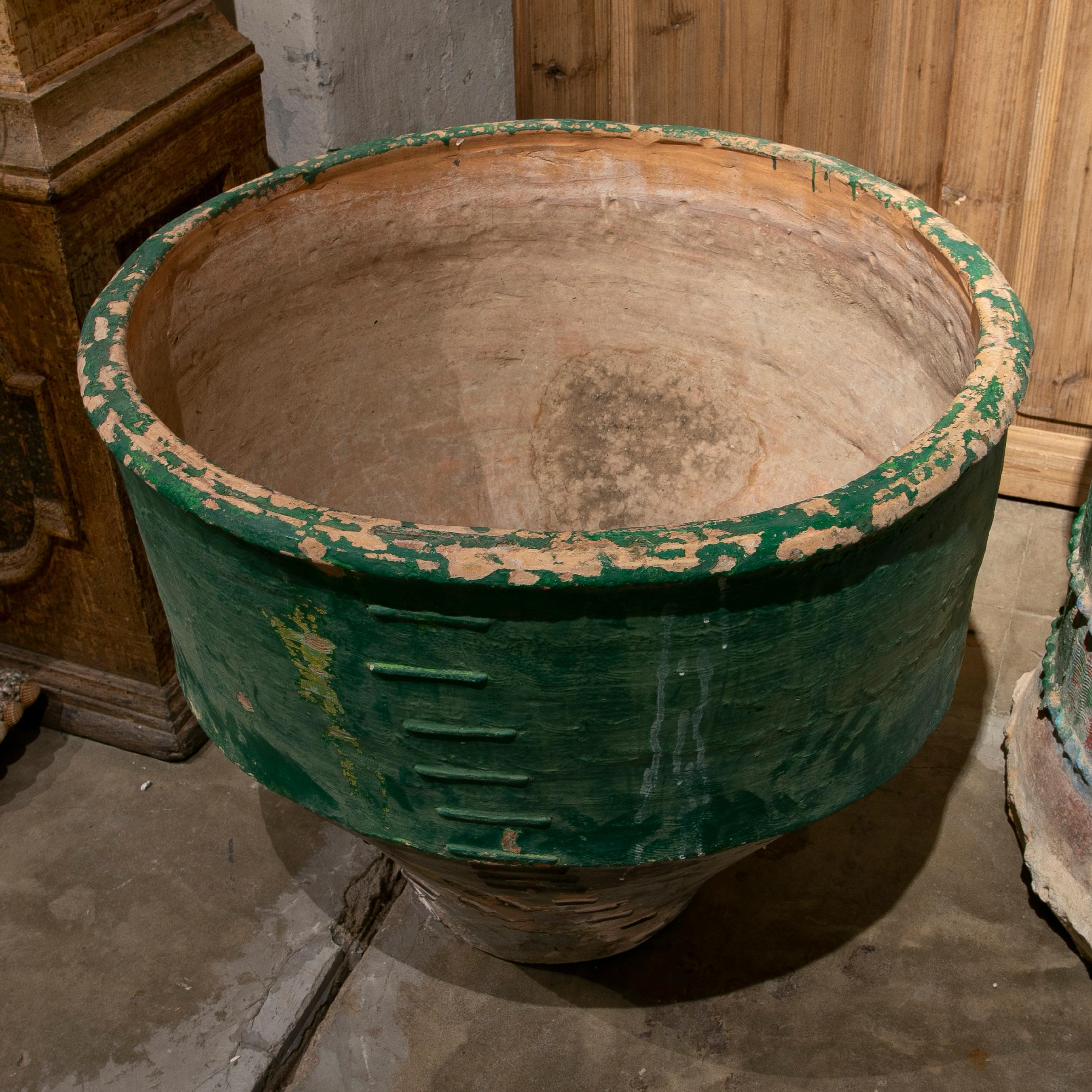Late-19th Century Spanish Green Terracotta Vase Urn Restored w/ Staples 1