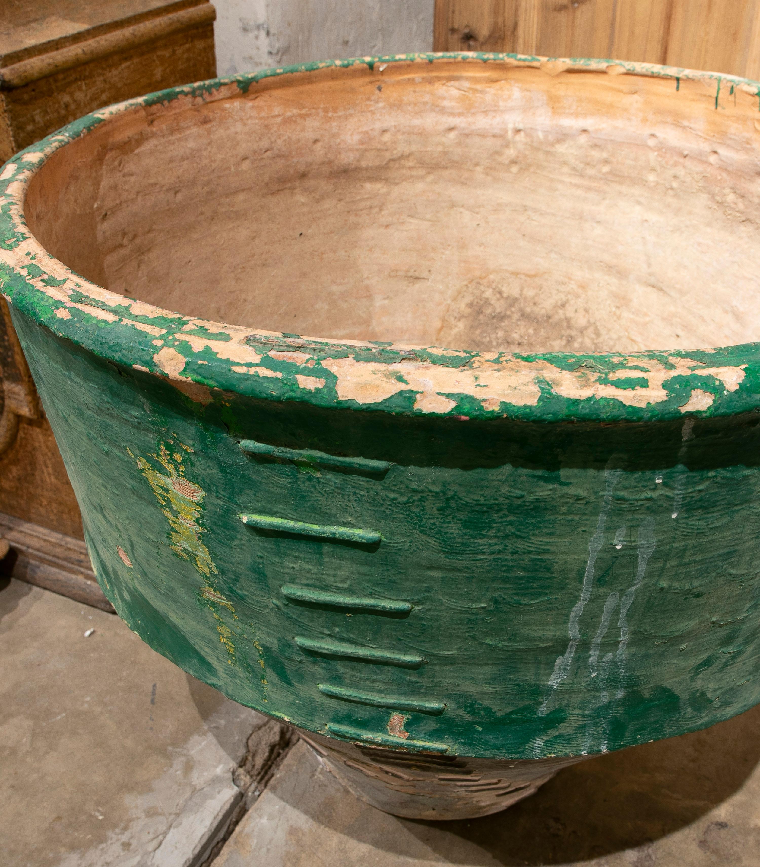 Late-19th Century Spanish Green Terracotta Vase Urn Restored w/ Staples 2