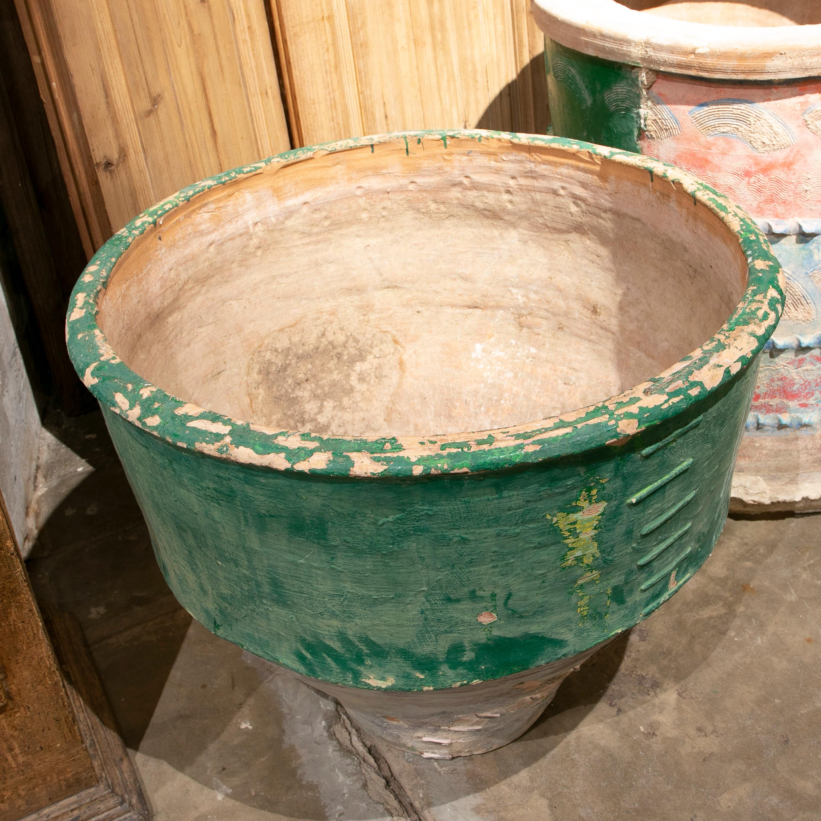 Late-19th Century Spanish Green Terracotta Vase Urn Restored w/ Staples 3