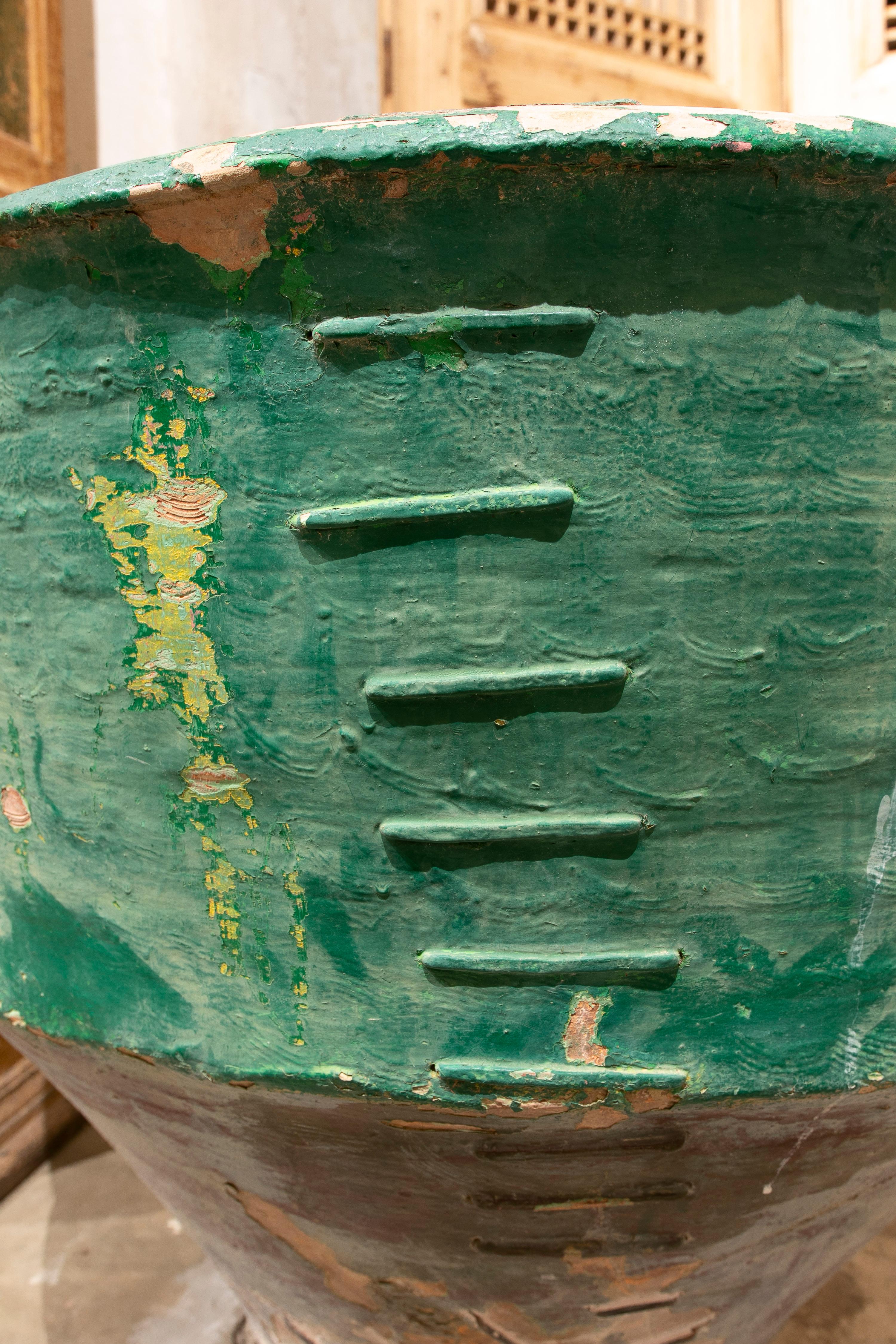 Late-19th Century Spanish Green Terracotta Vase Urn Restored w/ Staples 5