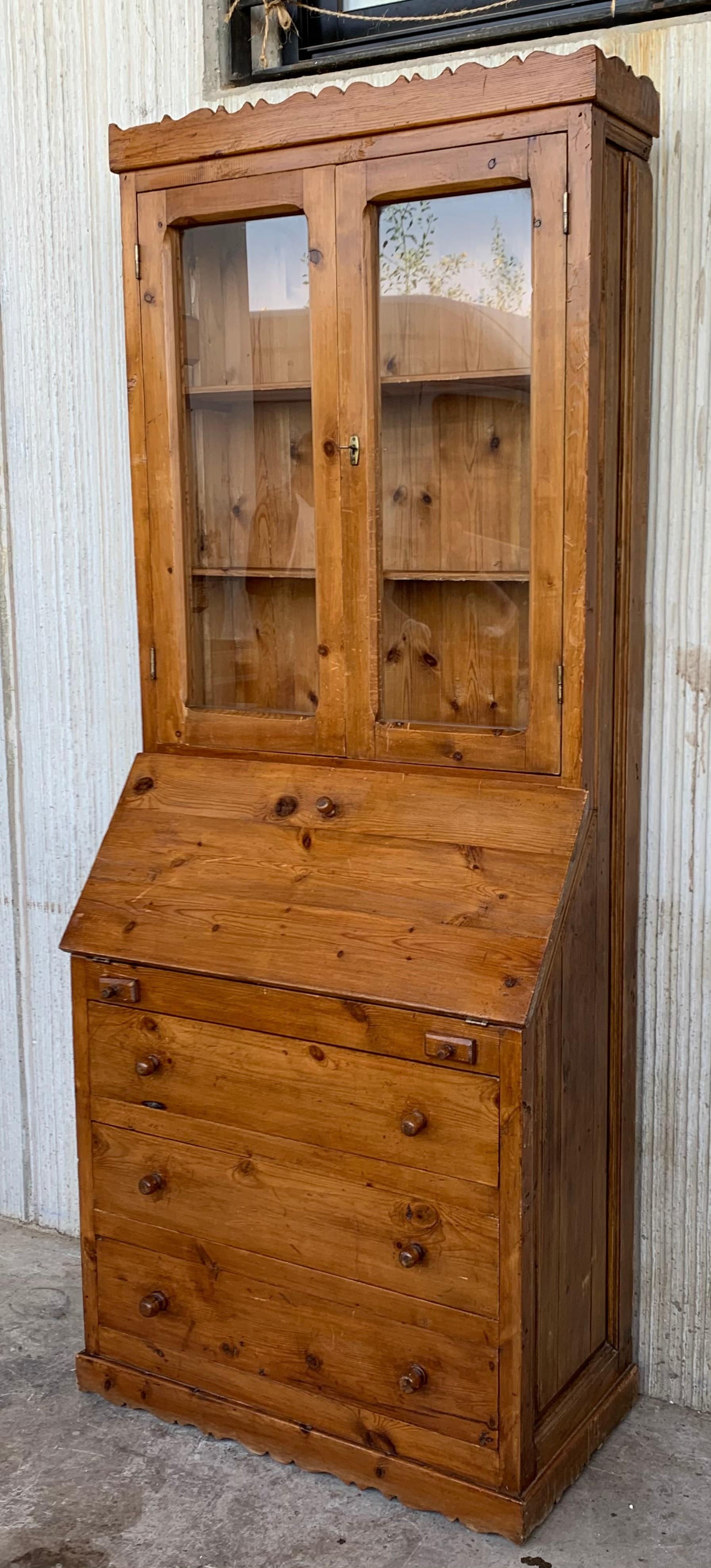 George III Late 19th Century Spanish Pine Bureau Bookcase ‘Secretaire’