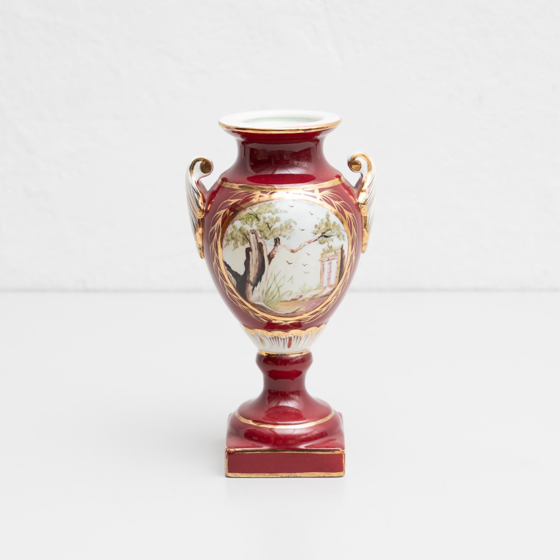 Isabelline hand-painted porcelain vase in the Serves style. Beautifully decorated with a nice scene on the front side.

Made by unknown manufacturer in Spain, circa 19th Century.

In original condition, with minor wear consistent with age and