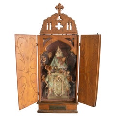 Vergine Fuencisla in terracotta spagnola della fine del XIX secolo nella sua scatola di legno