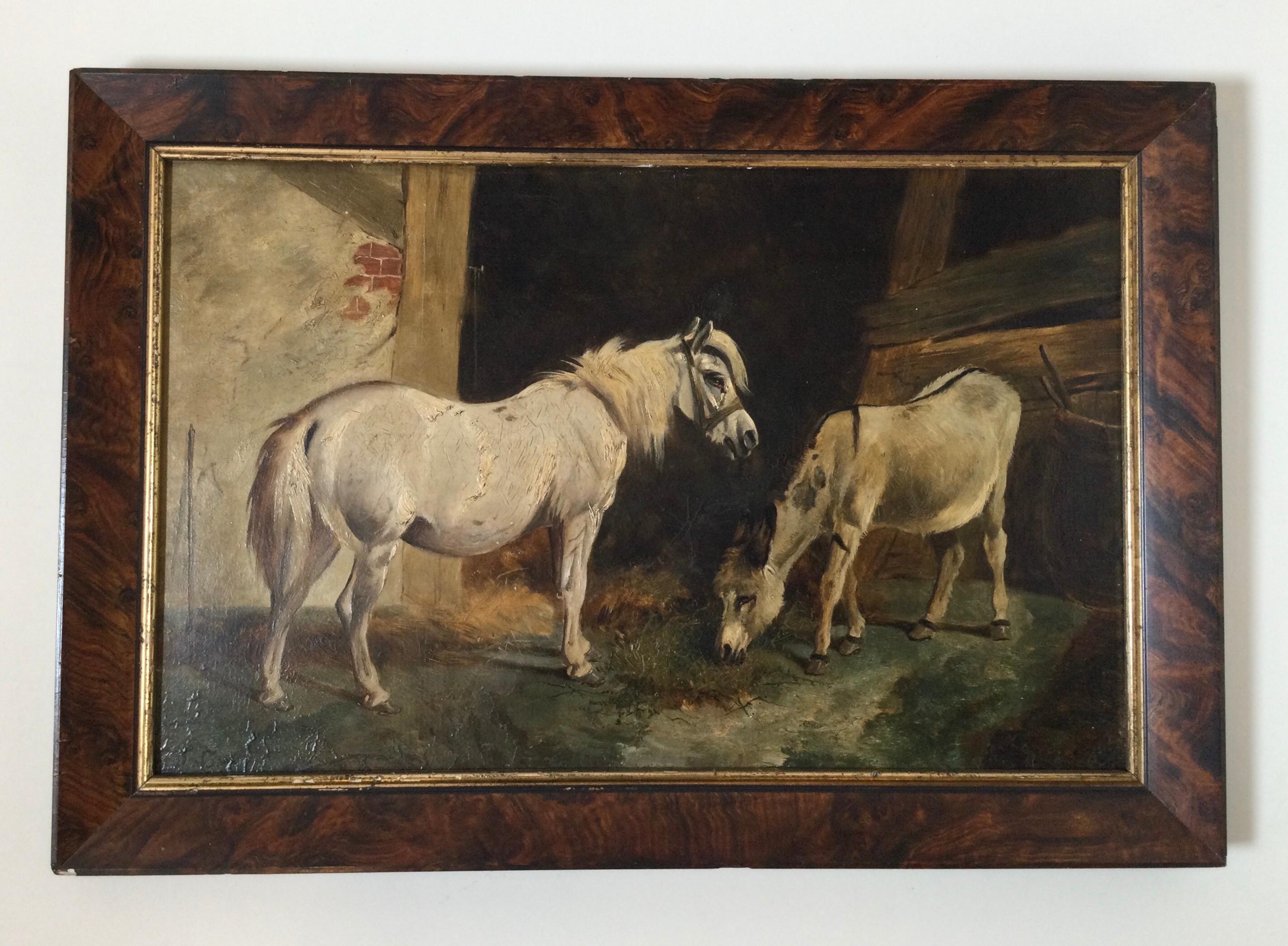 Scène d'écurie, peinture à l'huile sur carton, fin du XIXe siècle. Arrière-plan intéressant avec l'argent et l'âne. Mesures : 21 1/2