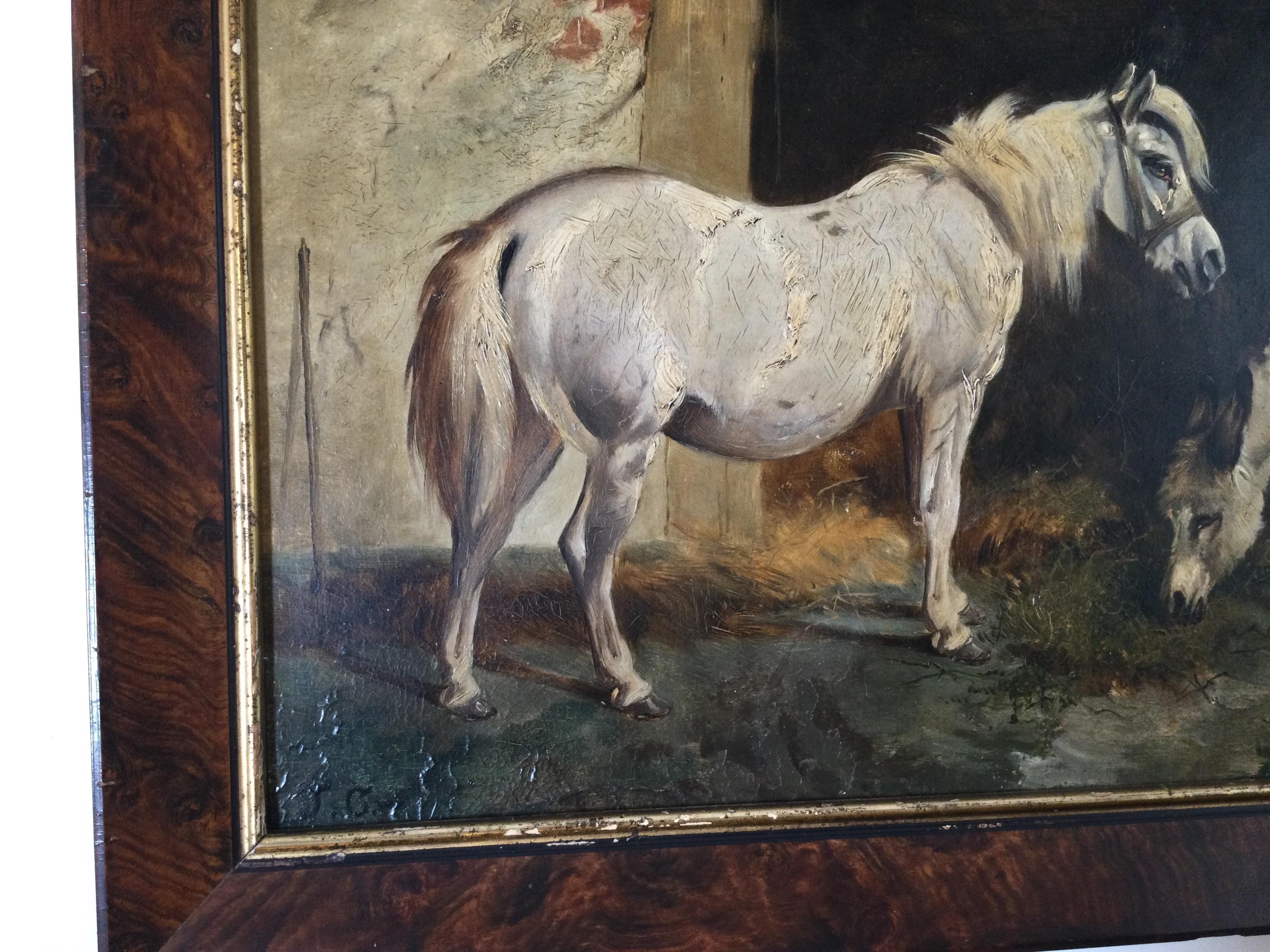 Hand-Painted Late 19th Century Stable Scene Oil Painting on Board For Sale