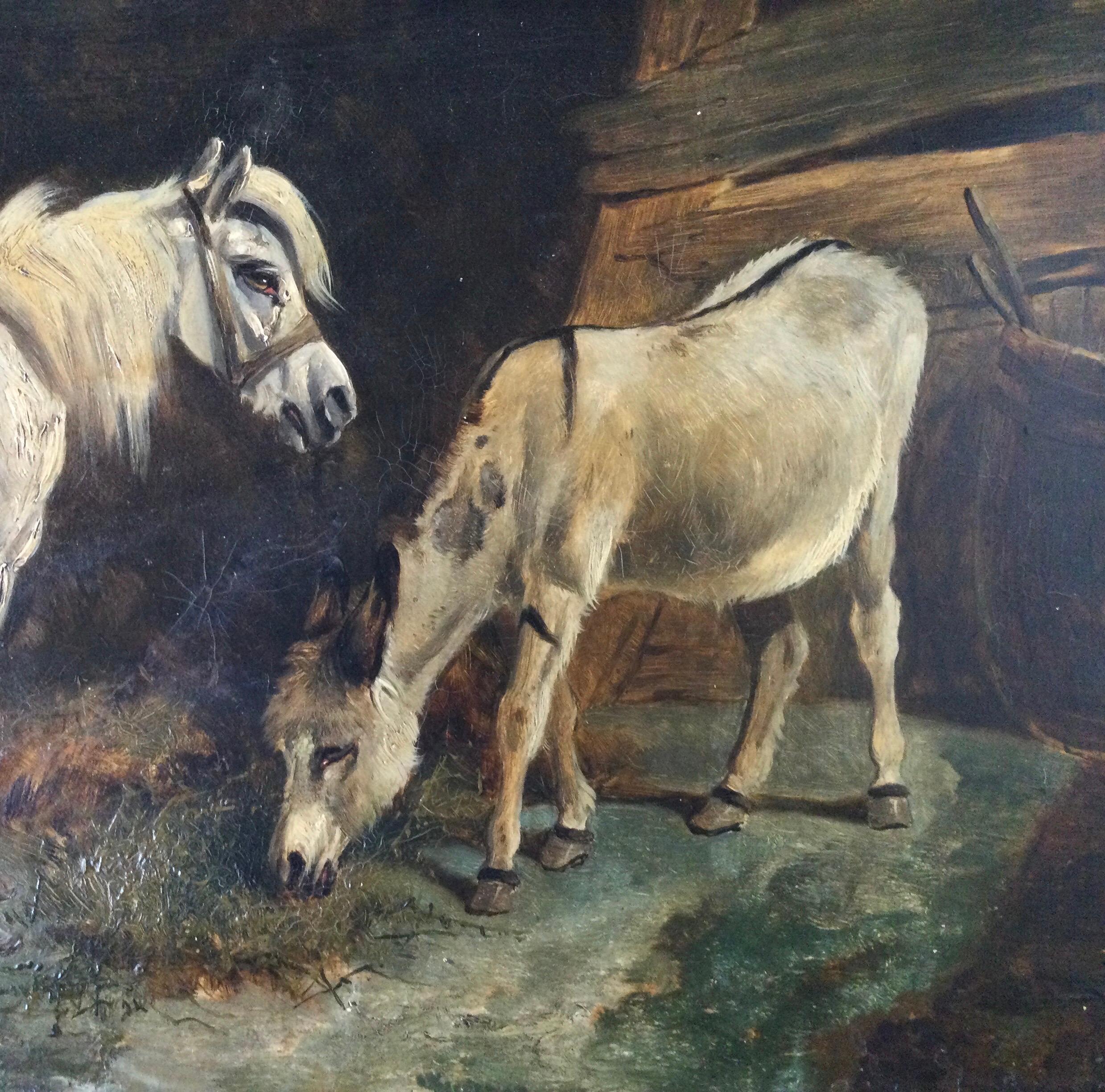Late 19th Century Stable Scene Oil Painting on Board In Good Condition For Sale In Lambertville, NJ