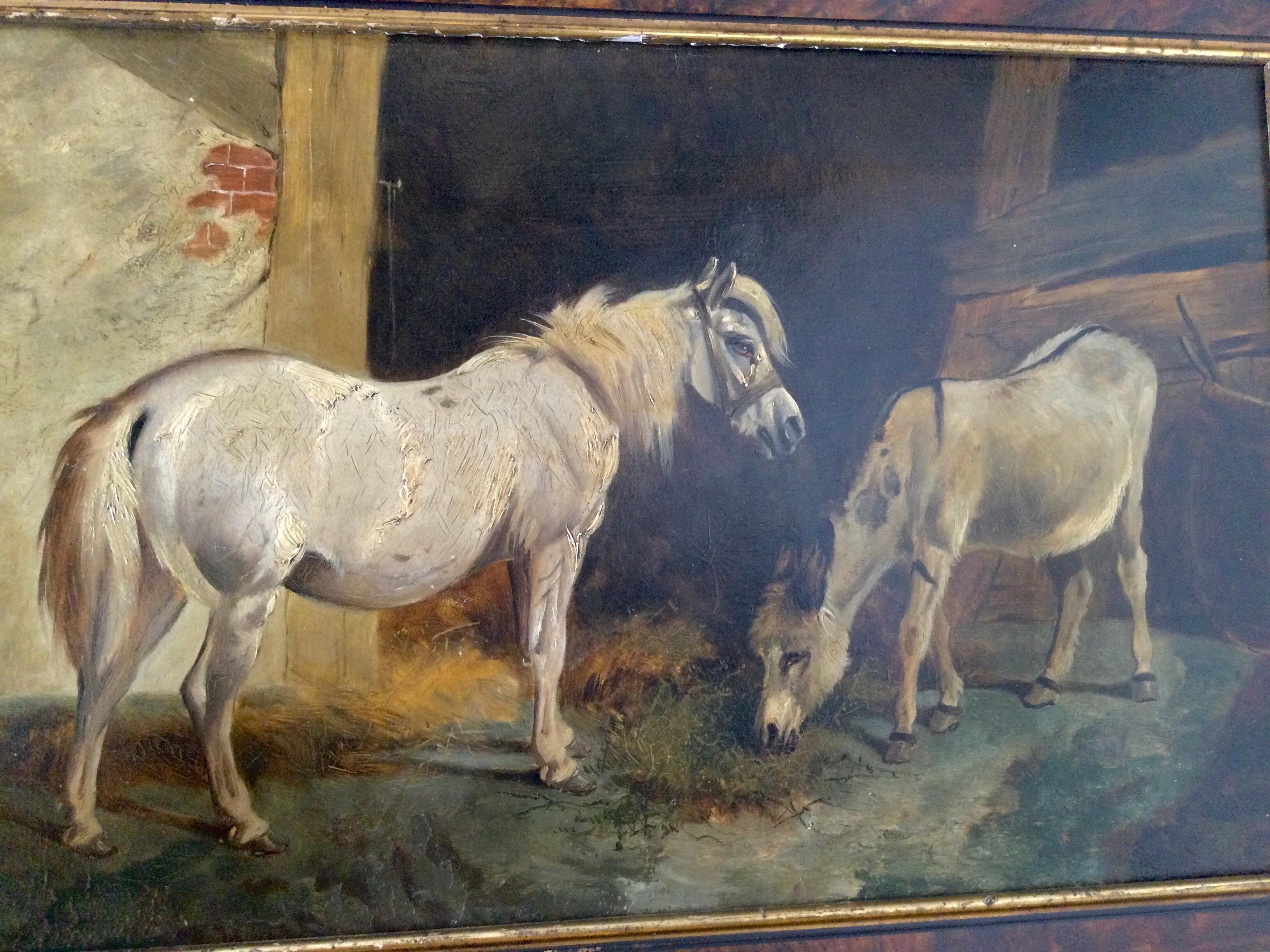 Peinture à l'huile sur panneau - Scène d'une écurie de la fin du XIXe siècle en vente 2