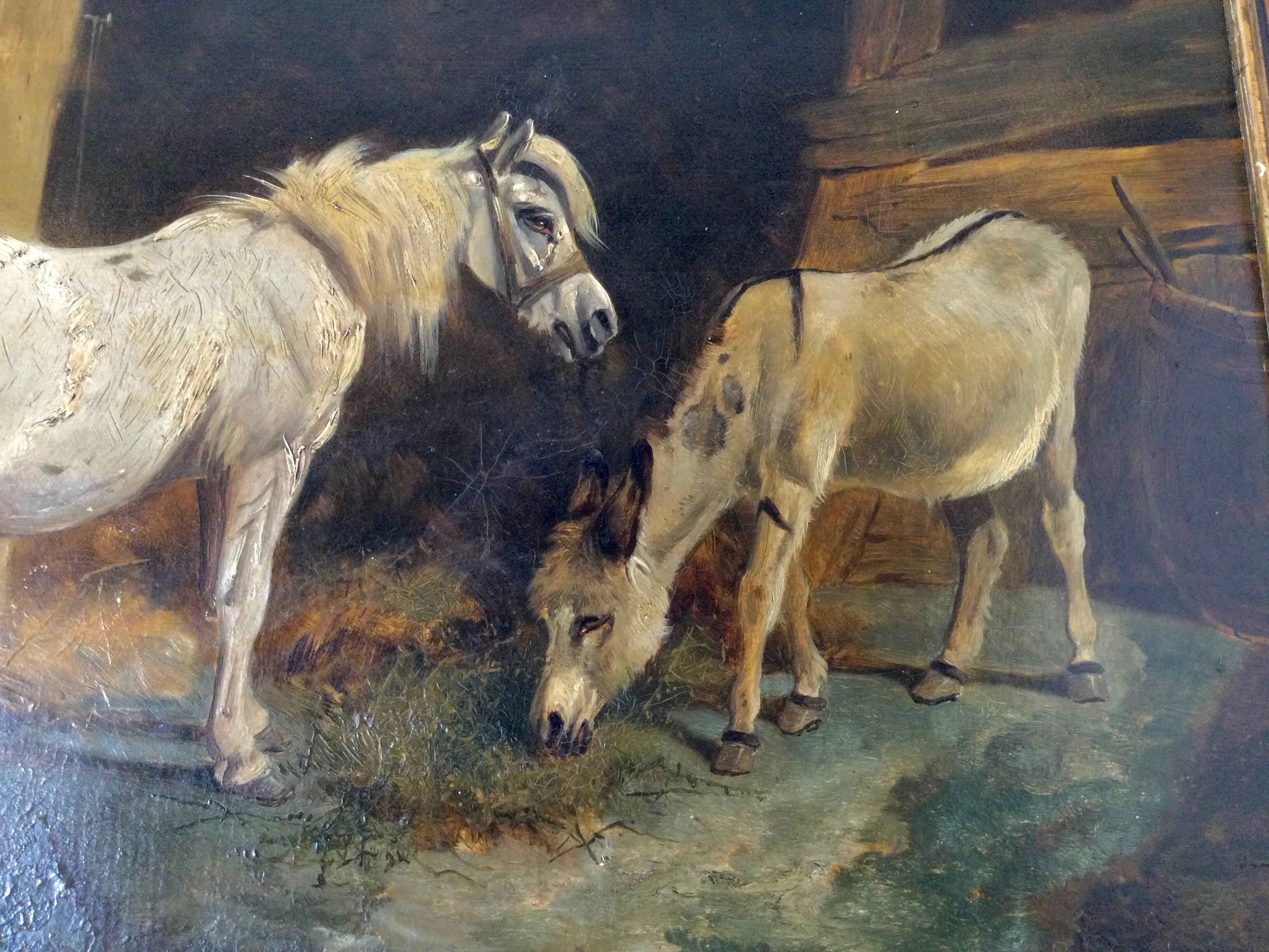 Peinture à l'huile sur panneau - Scène d'une écurie de la fin du XIXe siècle en vente 3