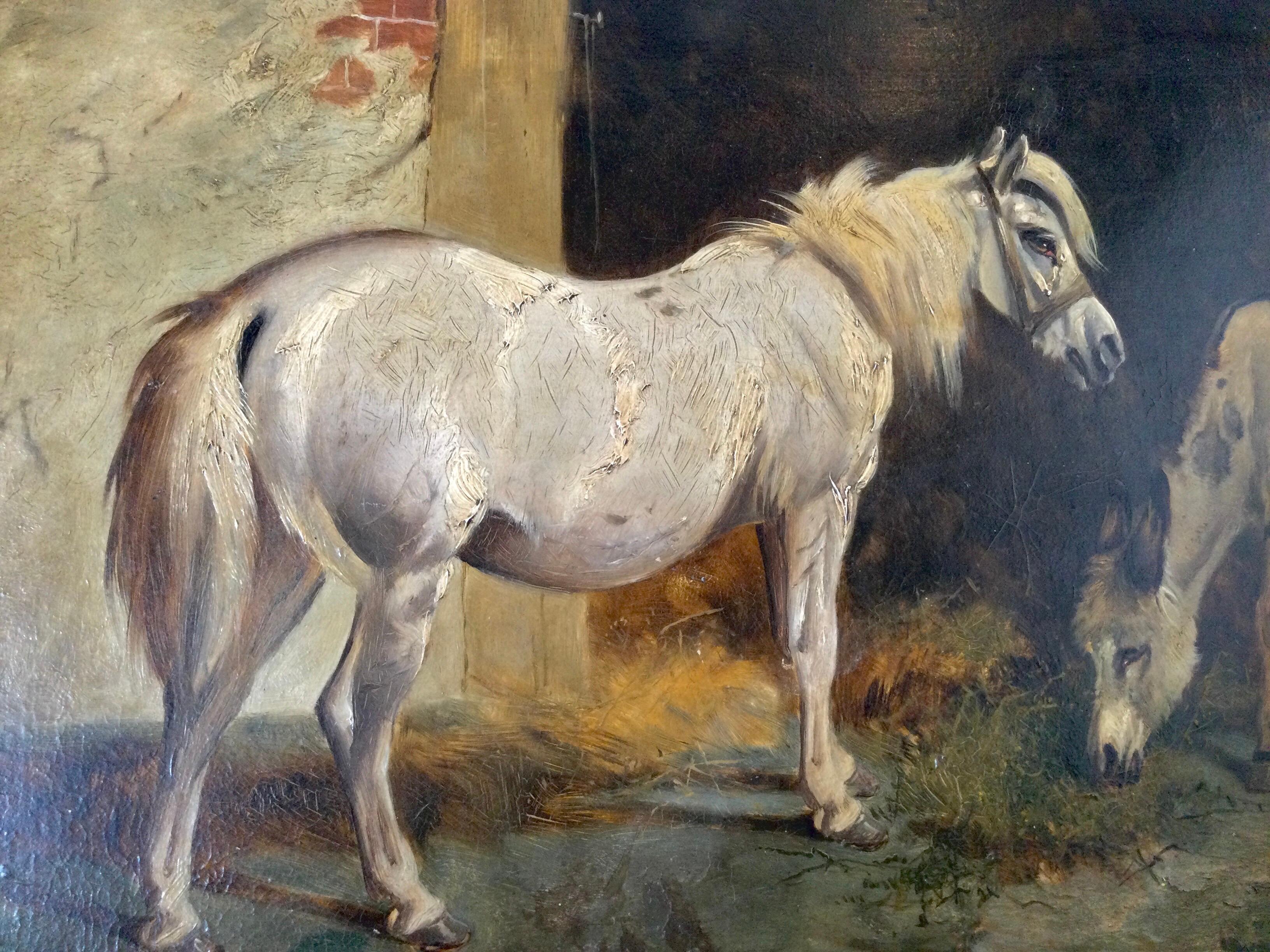 Peinture à l'huile sur panneau - Scène d'une écurie de la fin du XIXe siècle en vente 4
