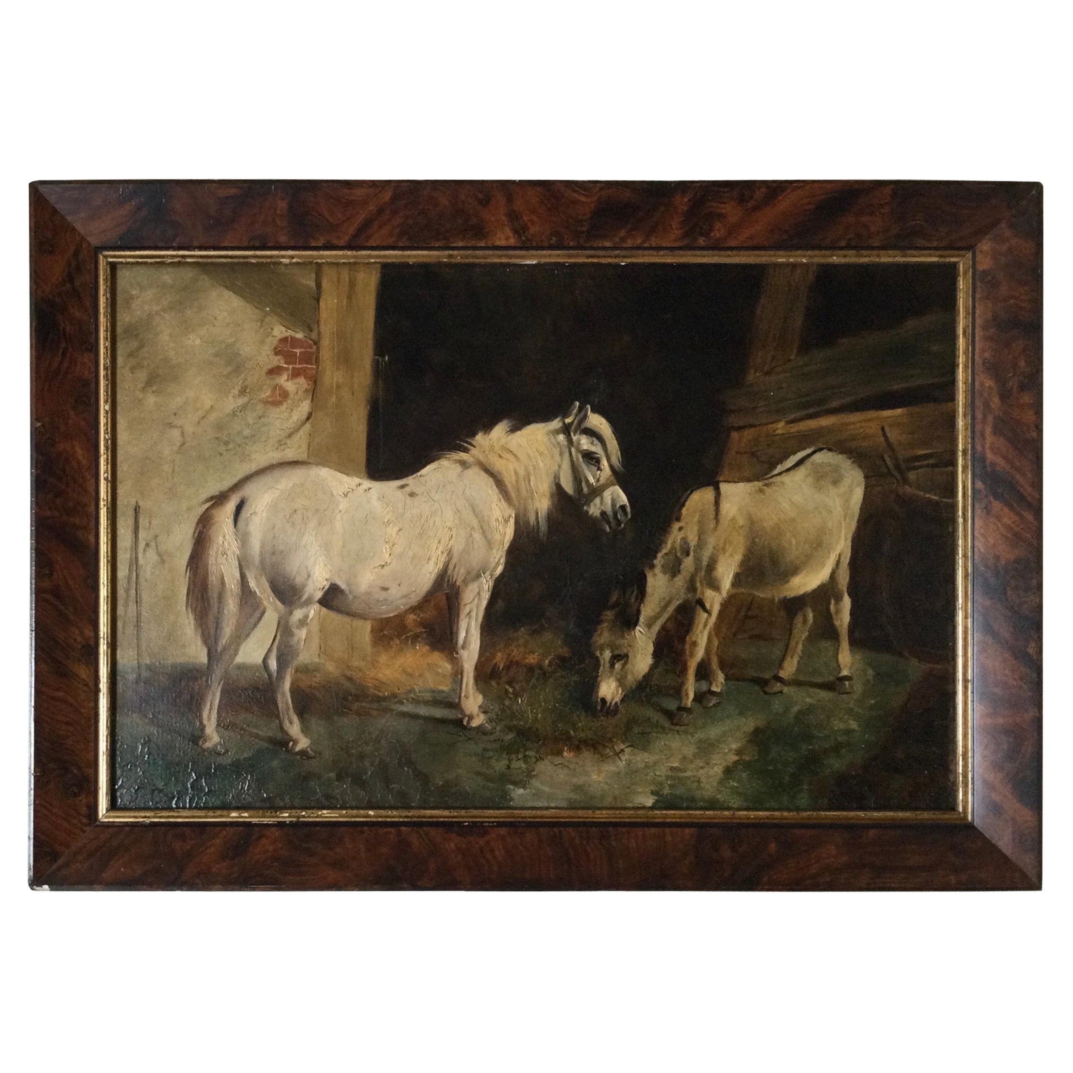 Late 19th Century Stable Scene Oil Painting on Board For Sale