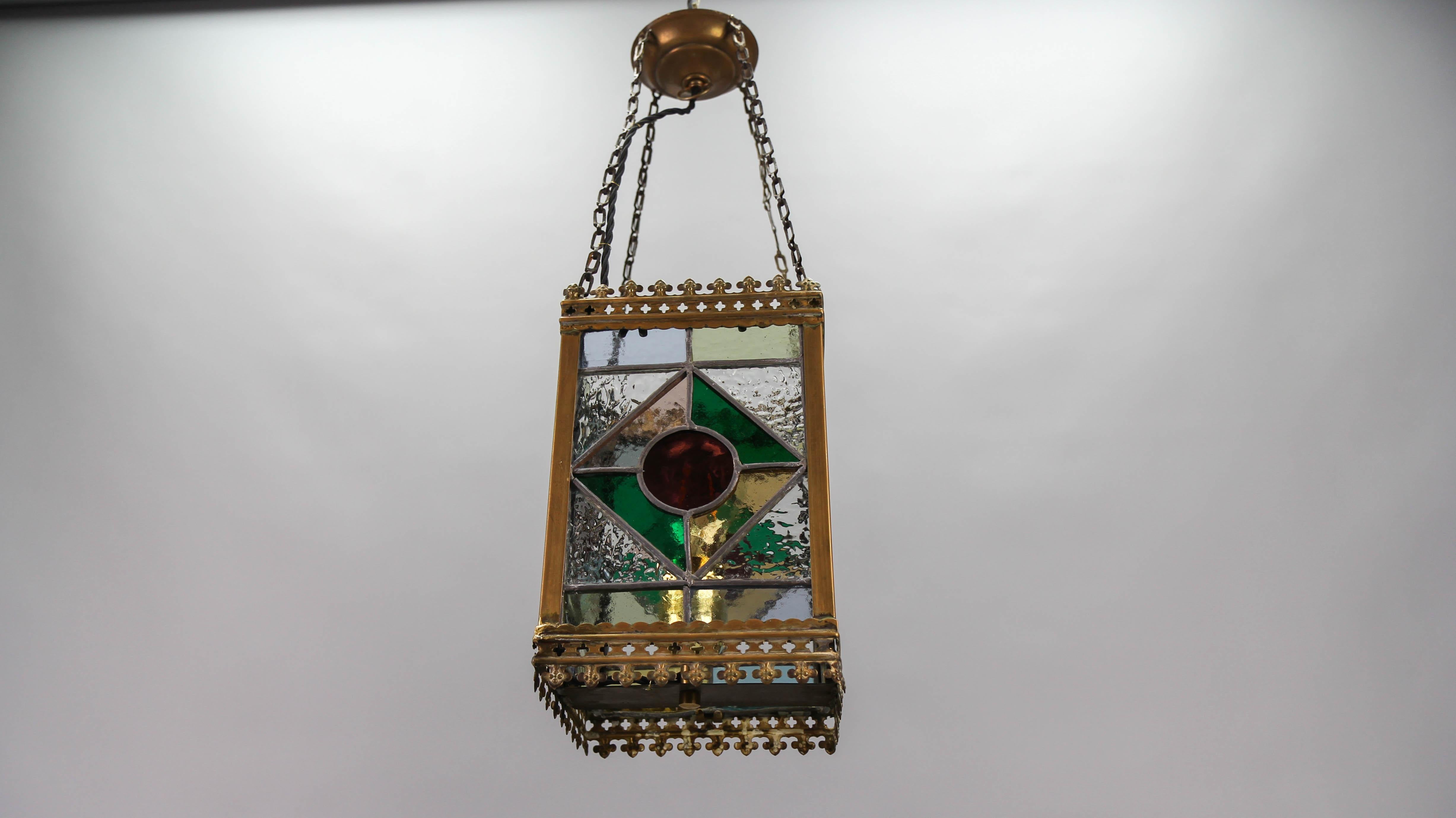 Late 19th Century Stained Glass and Brass Lantern 5
